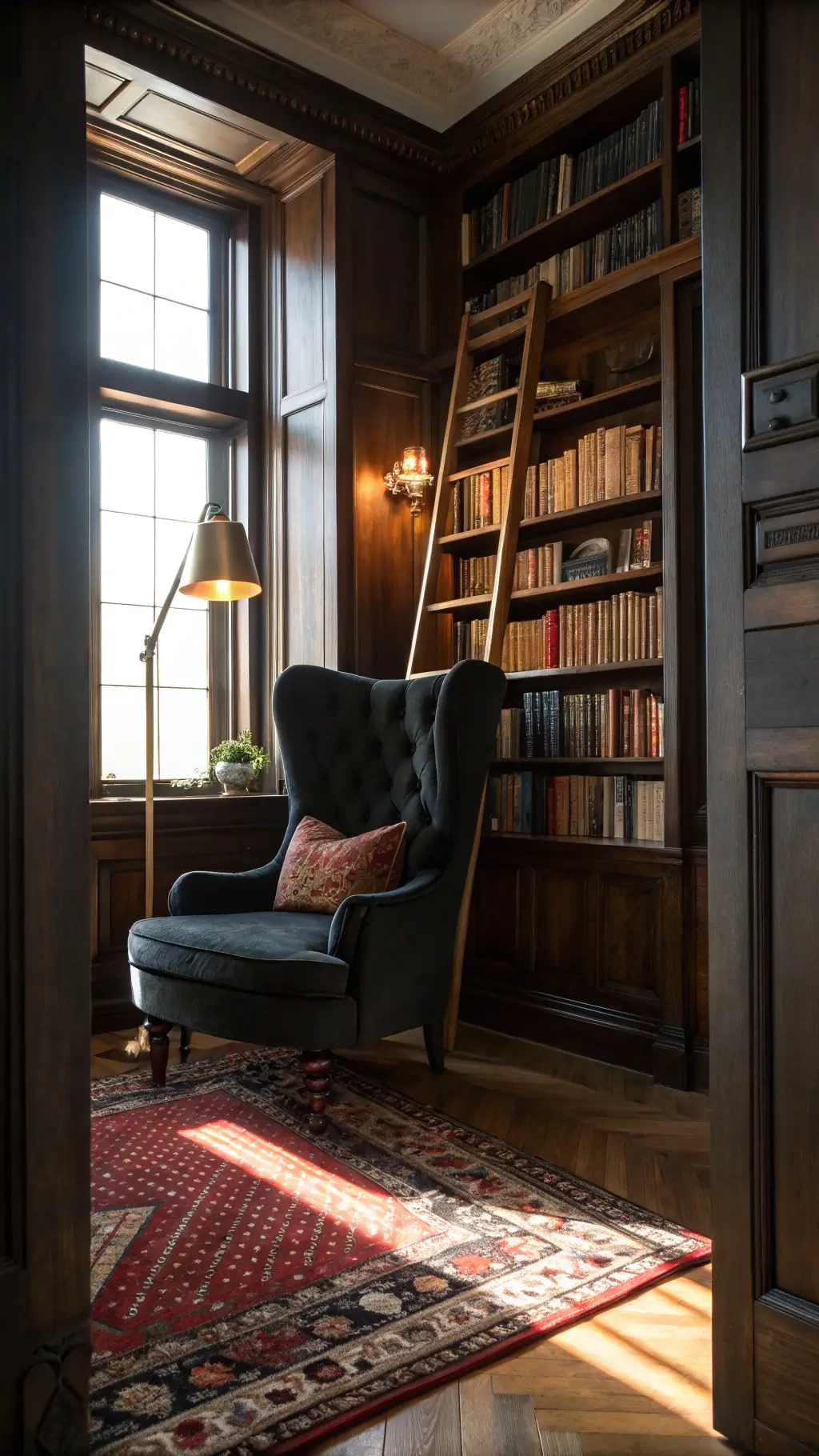 Victorian reading nook with black velvet chair, tall bookshelf with ladder, aged copper lamp, wooden floors, and red Oriental rug, framed by carved corbels, bathed in afternoon light.