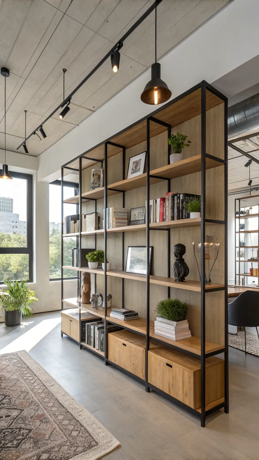 Open-concept Japandi living space with floor-to-ceiling bookshelf, large windows, and curated decor from multiple angles.