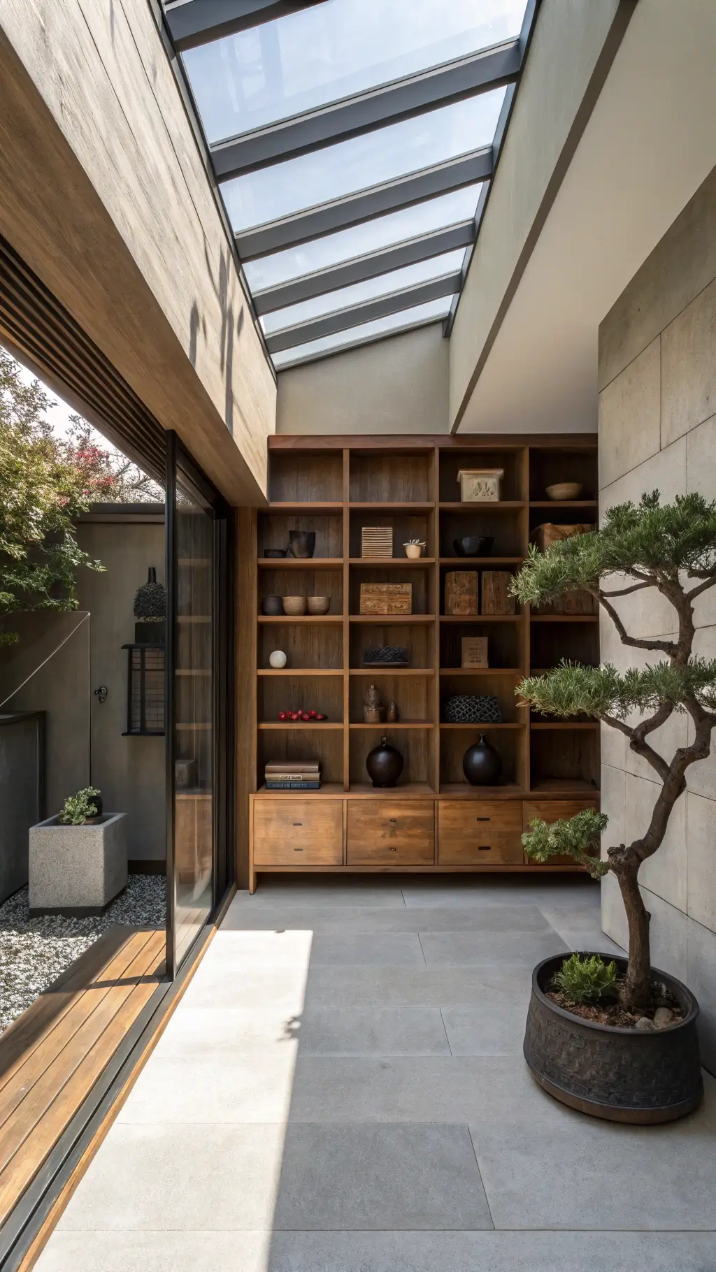 Compact entryway with smoked oak Japandi shelves, bonsai, black stone sculpture, and handmade pottery illuminated by skylight.