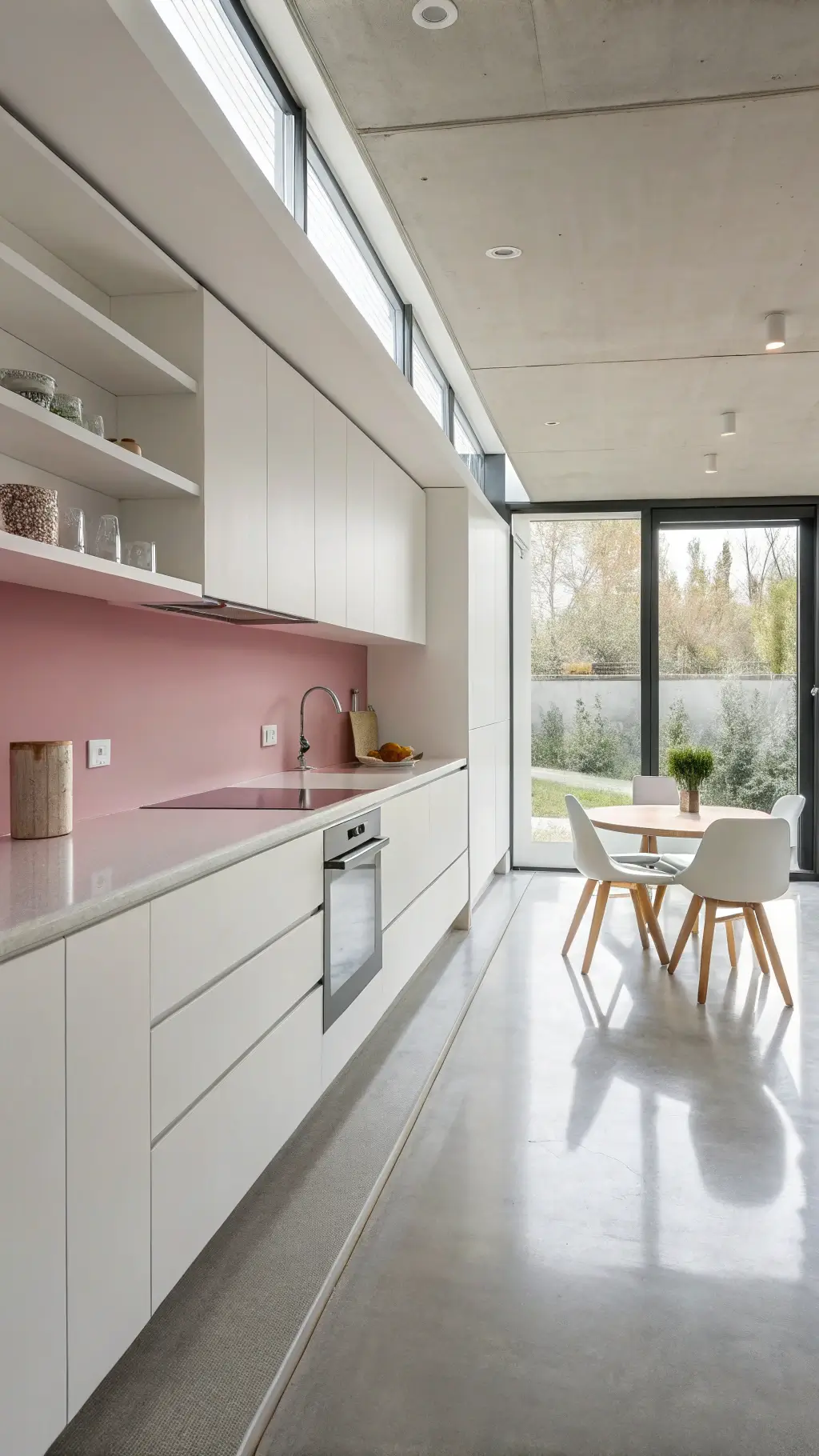 Minimalist kitchen with sleek pink cabinets