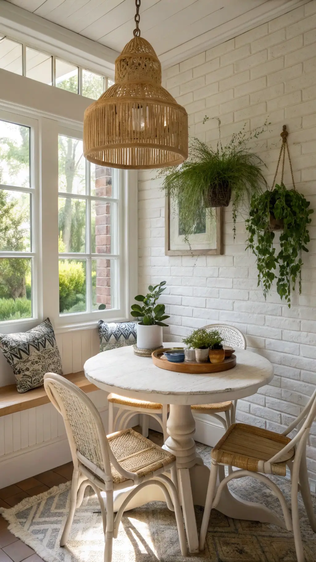 Cozy breakfast nook with bamboo table, vintage chairs, hanging plants, beach pottery on handwoven runner, rattan pendant light, and ceramic wind chimes against whitewashed brick wall