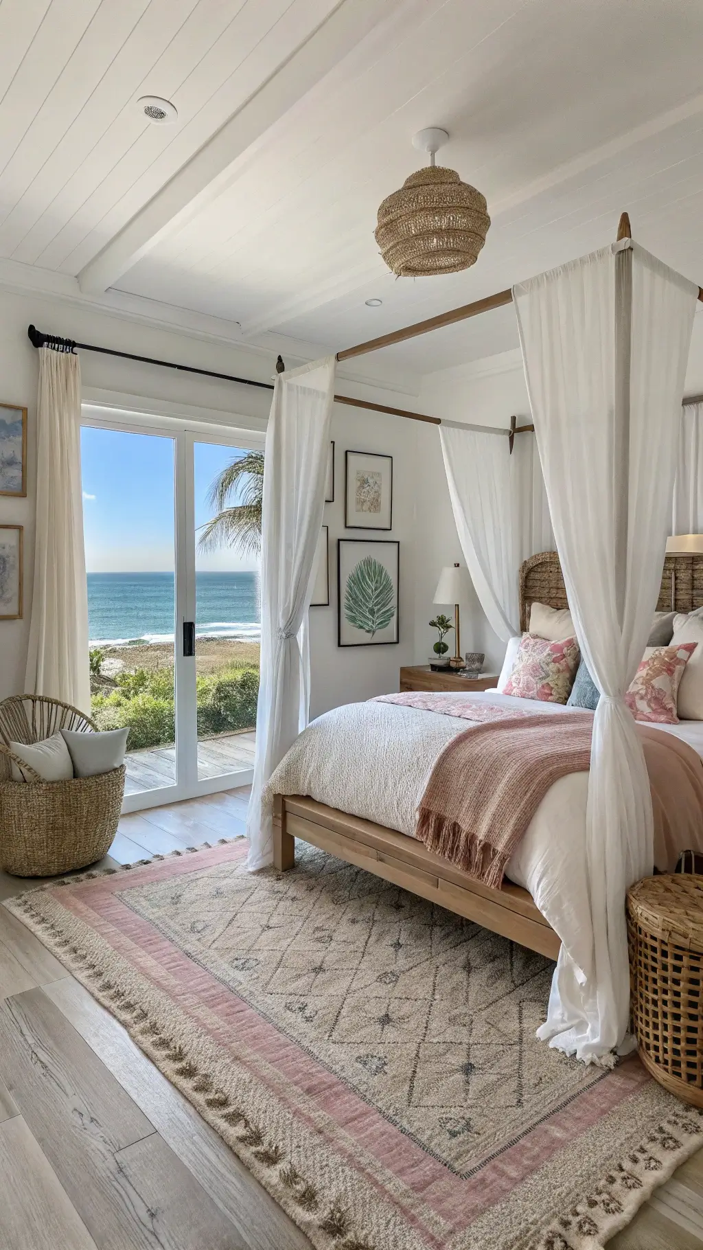 Master bedroom bathed in soft dawn light with canopied bed, layered rugs, rattan chair, and ocean-themed artwork highlighting texture and color gradients