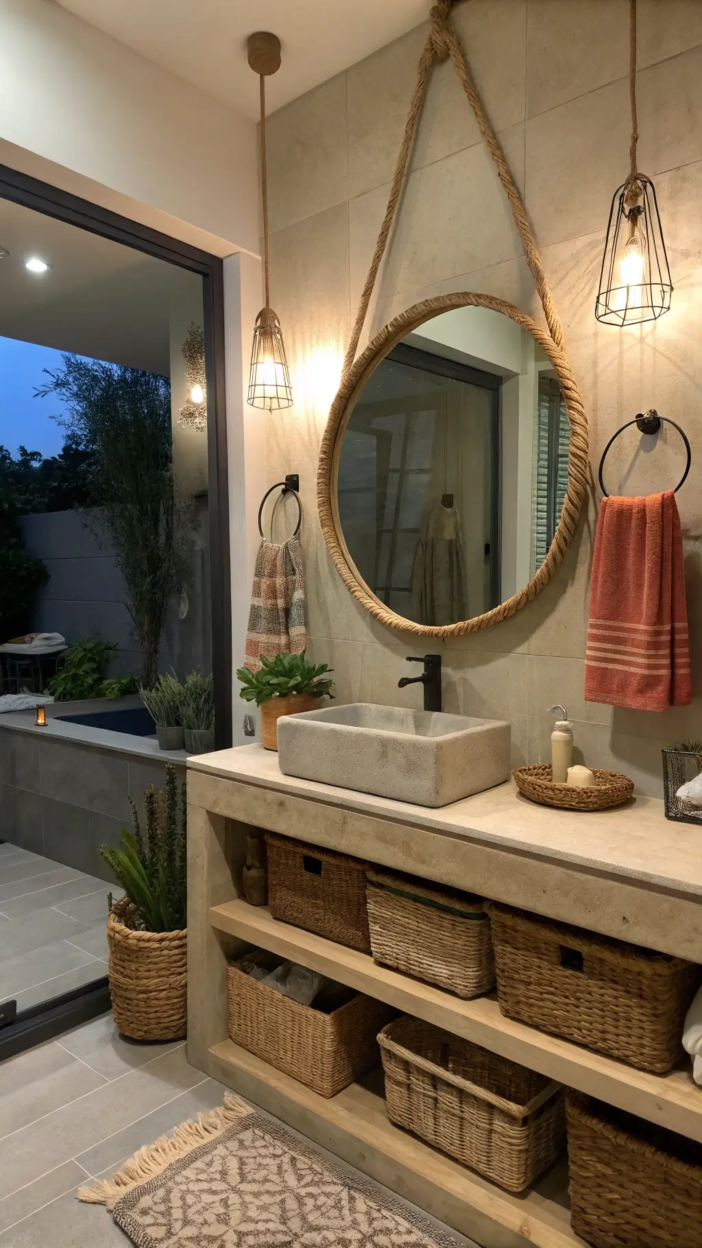 Evening bathroom scene with floating bleached wood vanity, handmade concrete sink, oversized round mirror with rope detail, woven baskets, coral and sage towels, succulent garden on window ledge, and textured glass shower partition