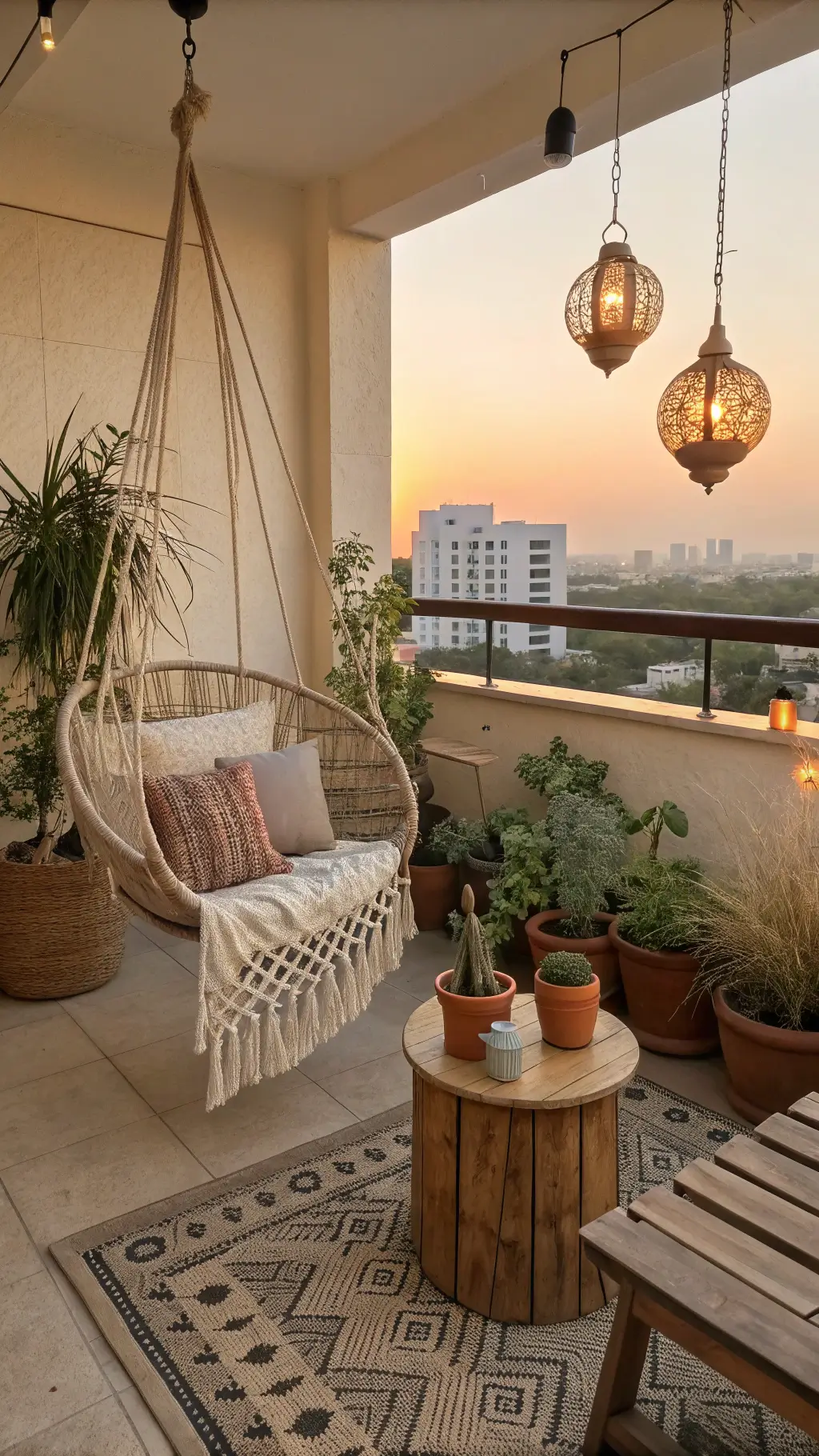 Boho balcony retreat with macramé hammock chair, rustic coffee table, rattan peacock chair with mudcloth pillows, terracotta pots with trailing plants, Moroccan lanterns, jute rug, and driftwood art installation during golden hour sunset