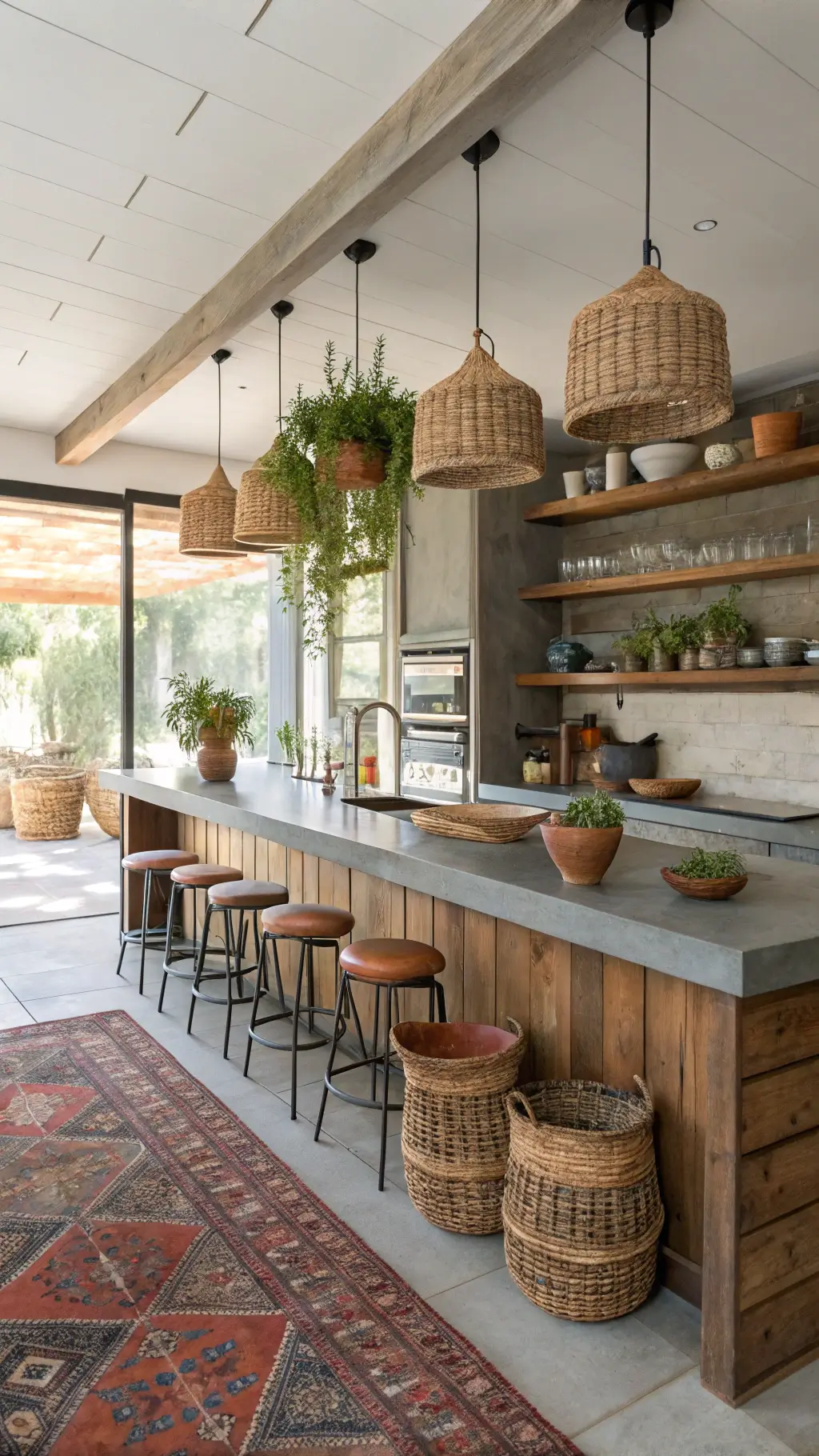 Sunlit kitchen with open reclaimed wood shelving, pottery, baskets, concrete countertop, woven pendant lights, copper pots, vintage indigo runner, fresh herbs, terracotta and rattan bar stools with leather seats, showcasing layered textures