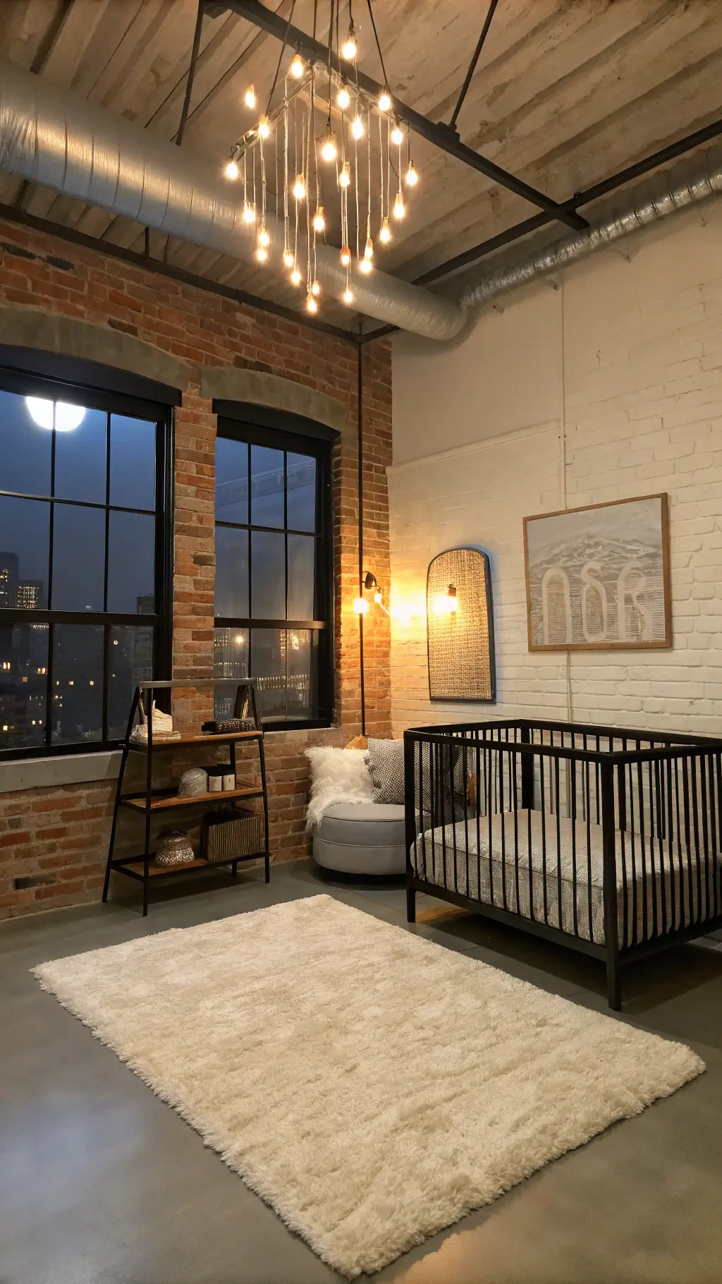 industrial nursery with minimalist black metal crib, exposed brick wall, steel-framed windows, Edison bulb chandelier, and vintage factory cart changing table at dusk