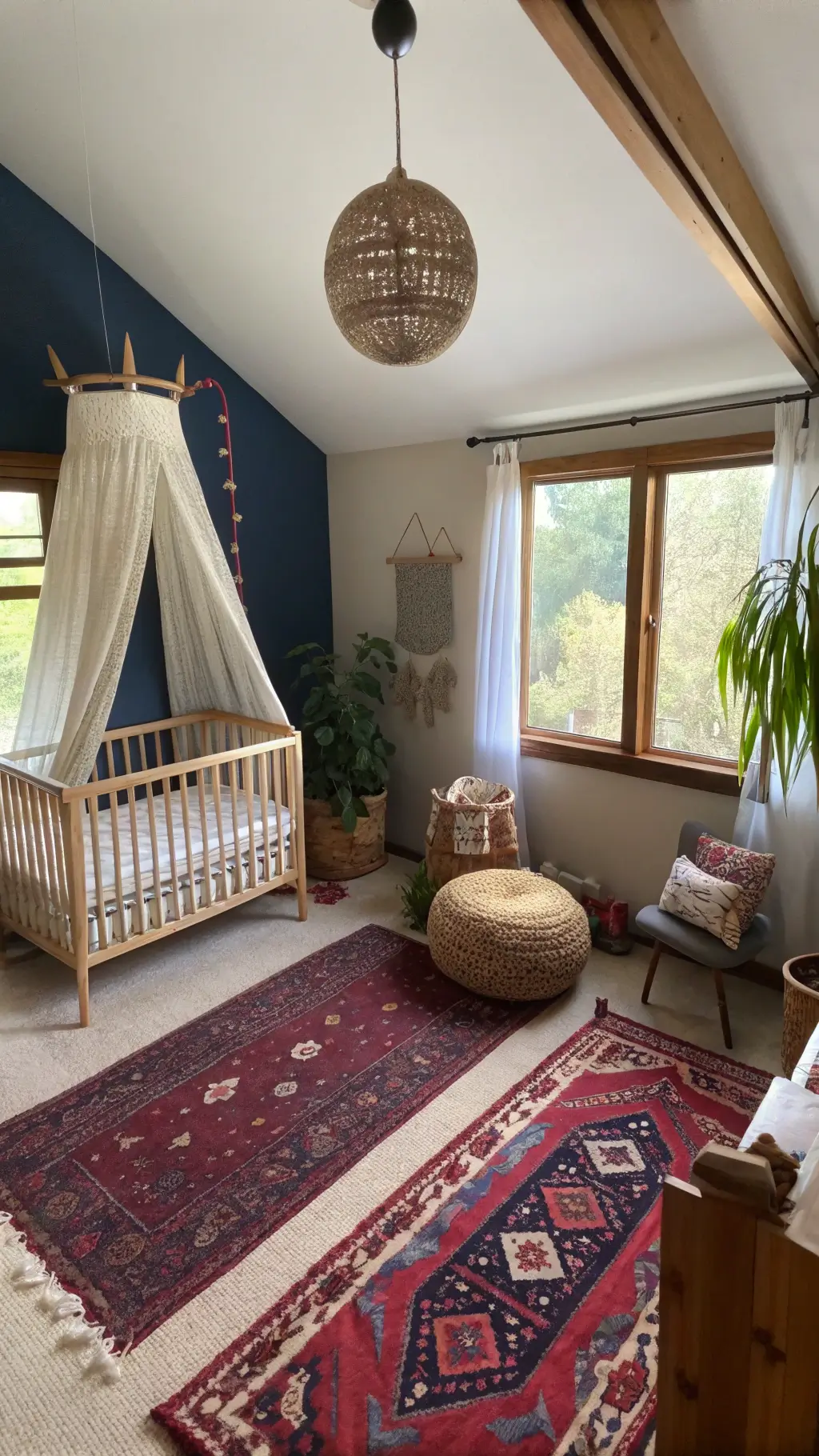 bohemian nursery with macramé canopy over wooden crib, jewel-toned Moroccan poufs, vintage Persian rug, rattan pendant lamp, hanging plants, and global textiles in rich teals, burnt orange, and purples