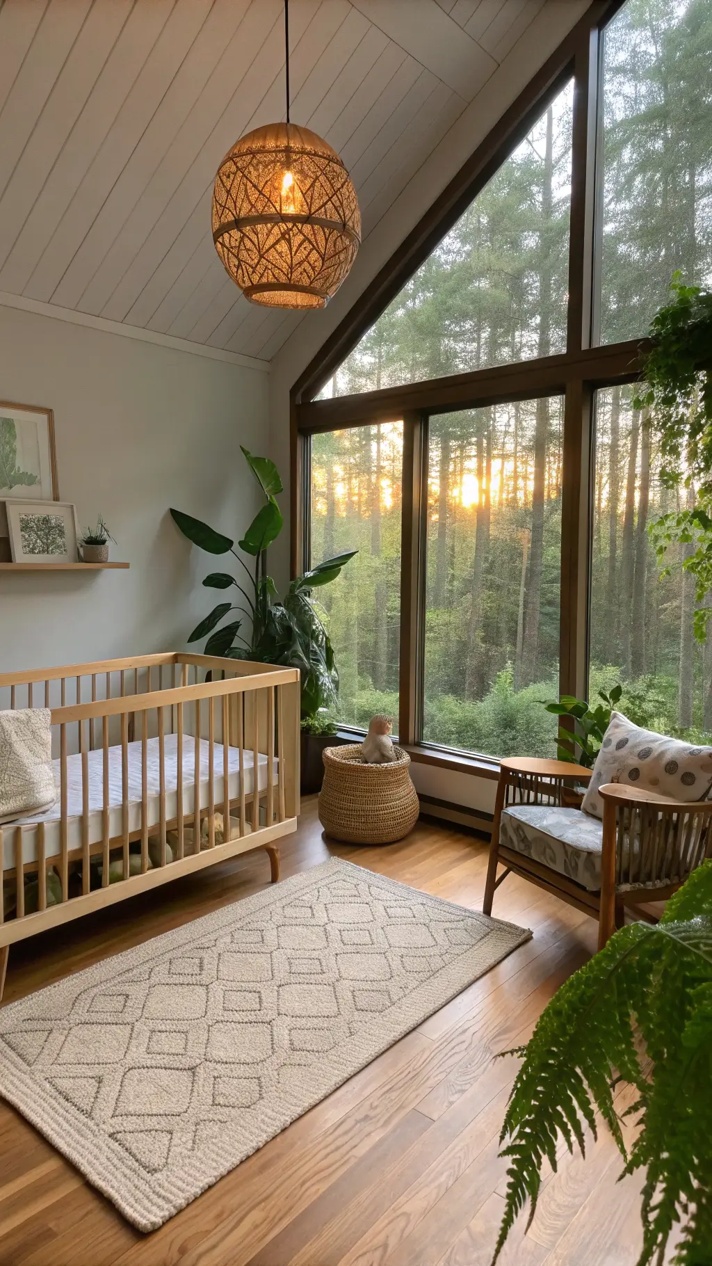 organic modern nursery with sustainable wooden crib and bedding, pet-safe living plant wall, bamboo flooring, reclaimed wood shelves with nature collections, floor-to-ceiling windows showing forest view at dawn, wool rug in green and cream, natural fiber pendant light