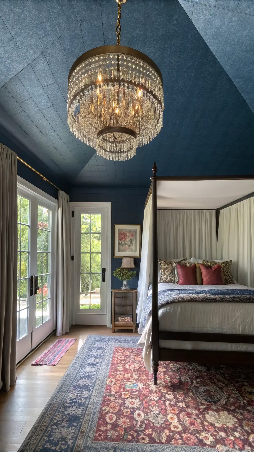 Boho bedroom with Art Deco brass and crystal chandelier, indigo ceiling, textured walls, four-poster bed, vintage fabrics, jewel-toned rug in morning light