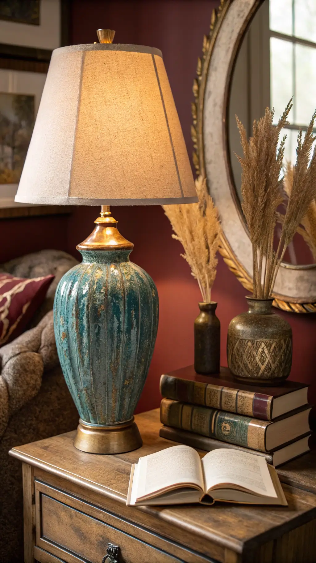Handcrafted ceramic table lamp with teal and gold finish on reclaimed wood nightstand, vintage brass mirror, dried pampas grass, leather-bound books, burgundy wall in warm evening light