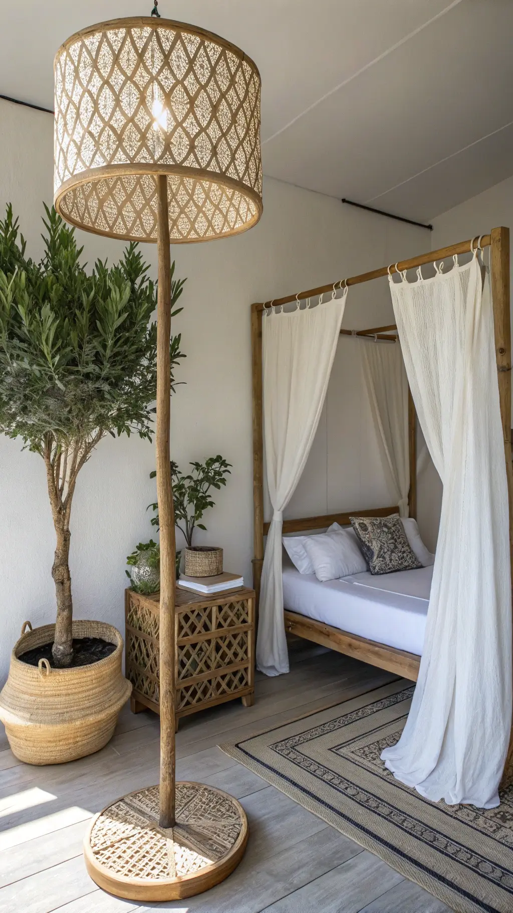 Minimalist boho bedroom corner with tall rattan floor lamp, reclaimed wood platform bed, white linen canopy, handwoven wall hanging, olive tree in afternoon light