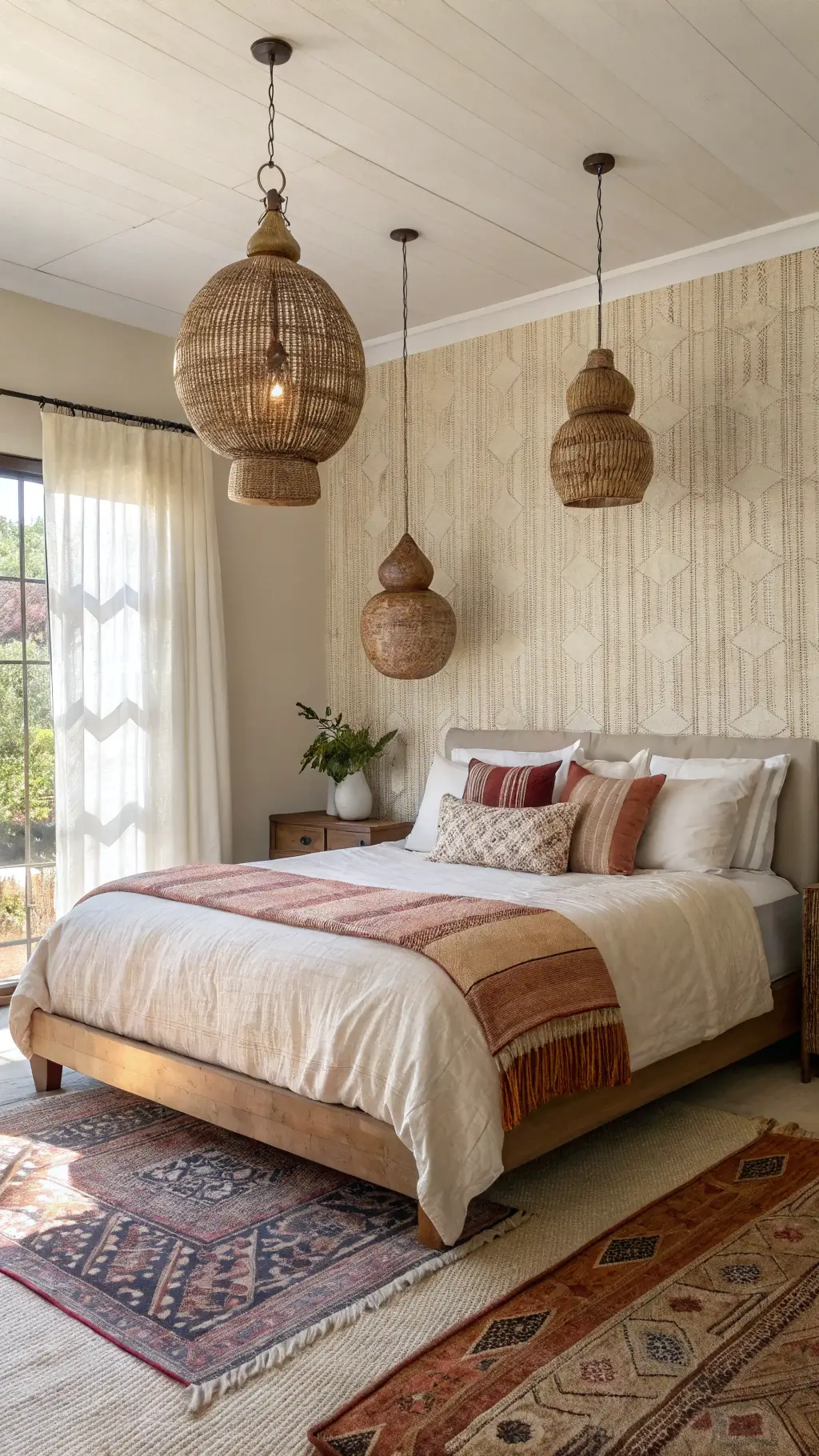 Sunlit bedroom with mixed metal pendant lights, natural fiber wallpaper, sand and terracotta bed linens, vintage overdyed rug in morning light