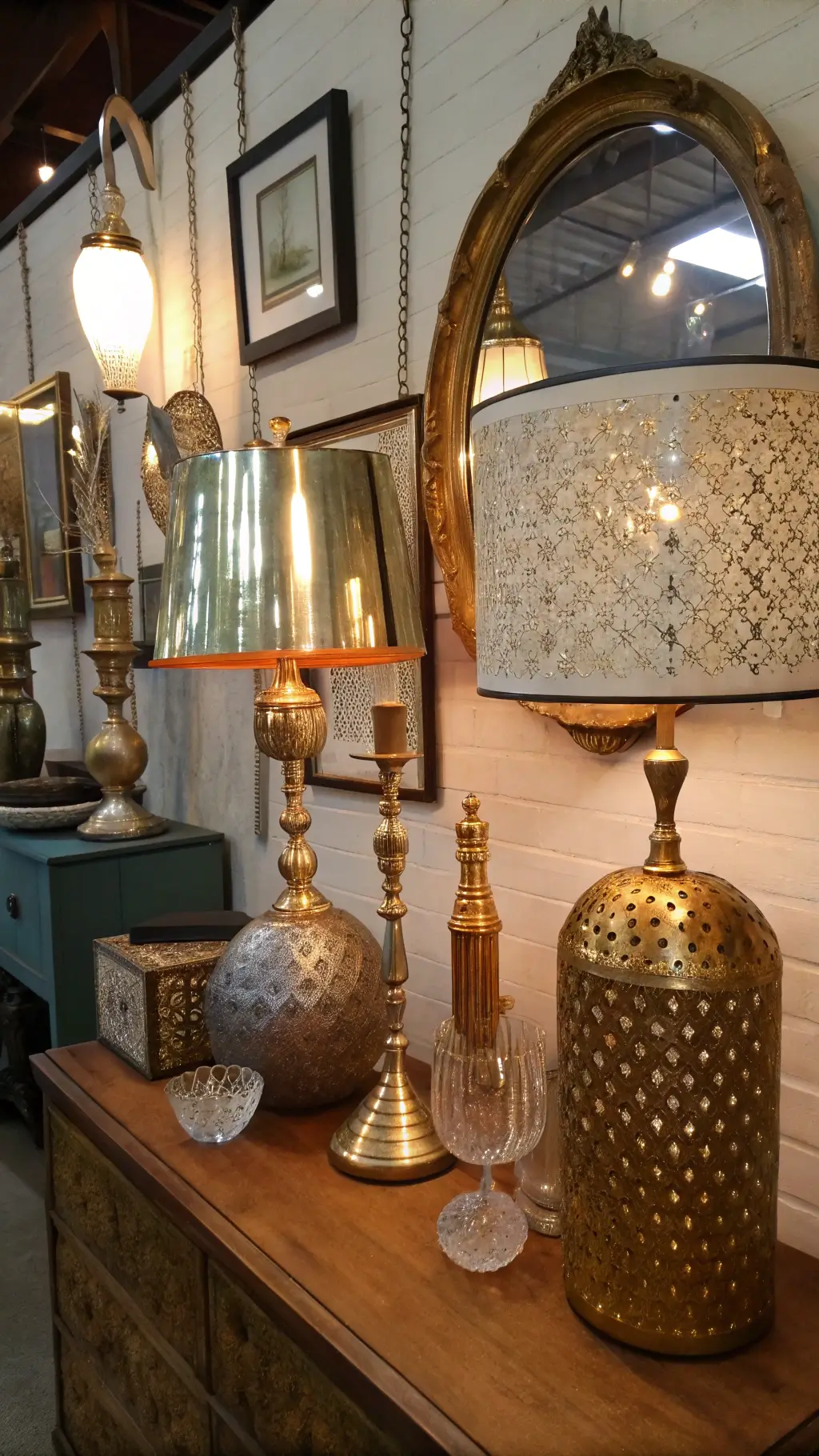 Vintage mirrors and framed textiles backdrop with layered lighting vignette of mixed-metal table lamps in brass, copper, and gold finishes highlighted by warm evening spotlight