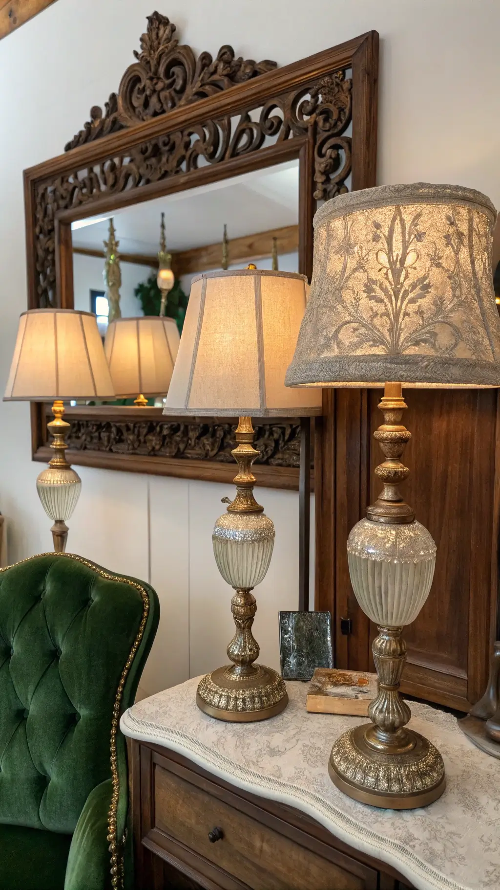 Eclectic bedside with mercury glass table lamps, antique brass mirror, gallery wall, carved wooden headboard, emerald velvet chair glowing in warm lamp light during blue hour