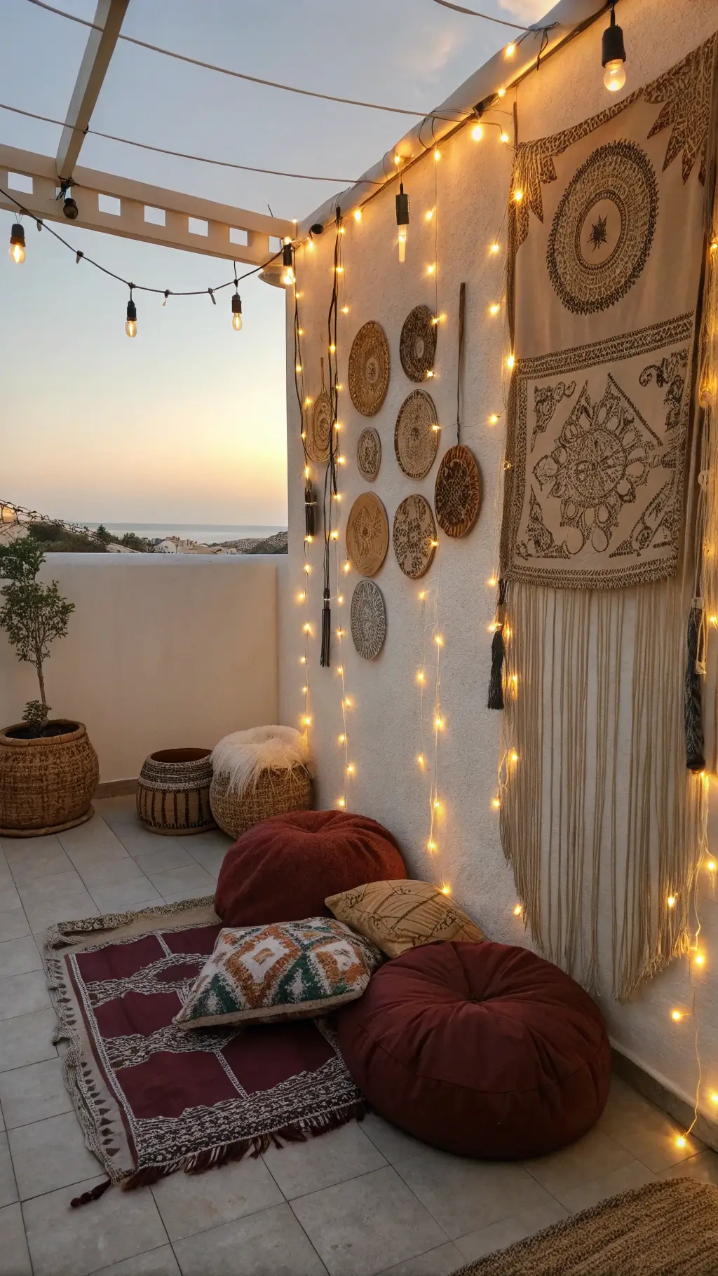 Meditation nook with macramé hanging, LED string lights, raw silk cushions, Moroccan leather pouf, vintage textile art, and handwoven wall baskets at sunset