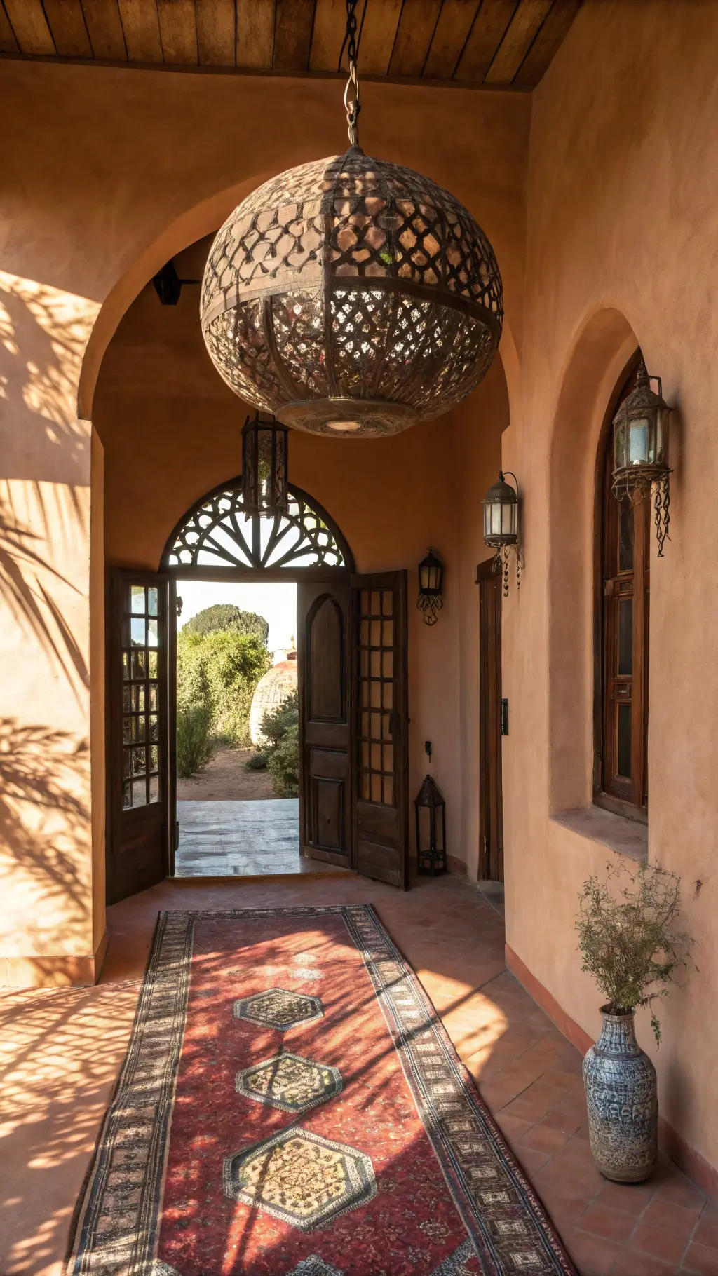 Boho bedroom with layered lighting and textured decor