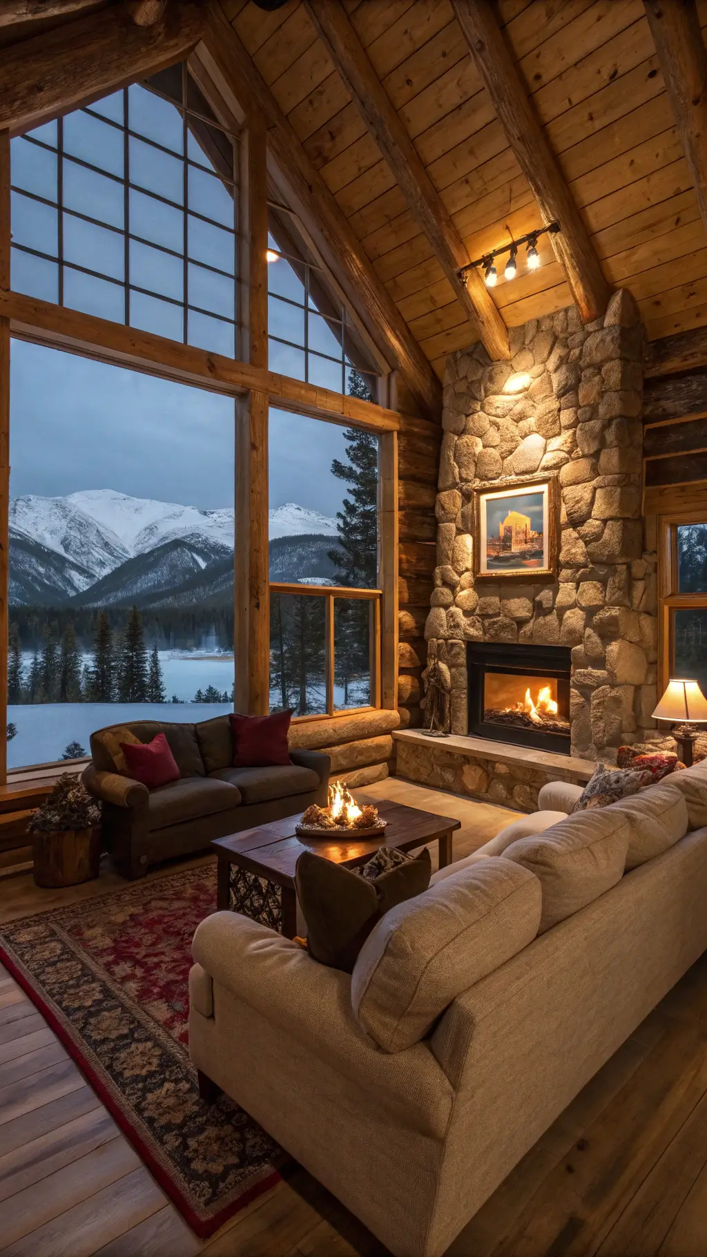 Cabin living room showcasing exposed log walls and stone fireplace