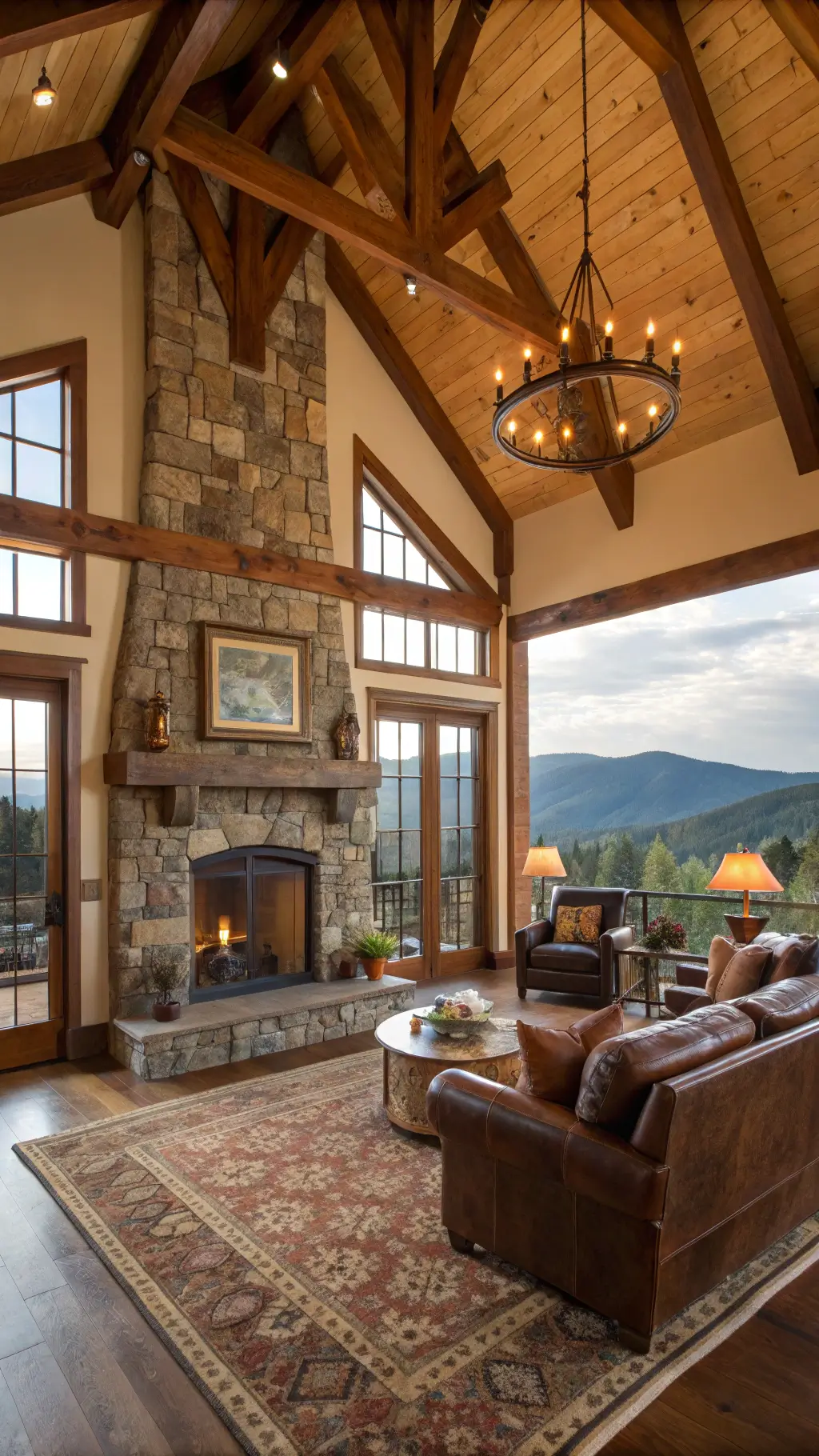 Layered textures in a rustic cabin living room
