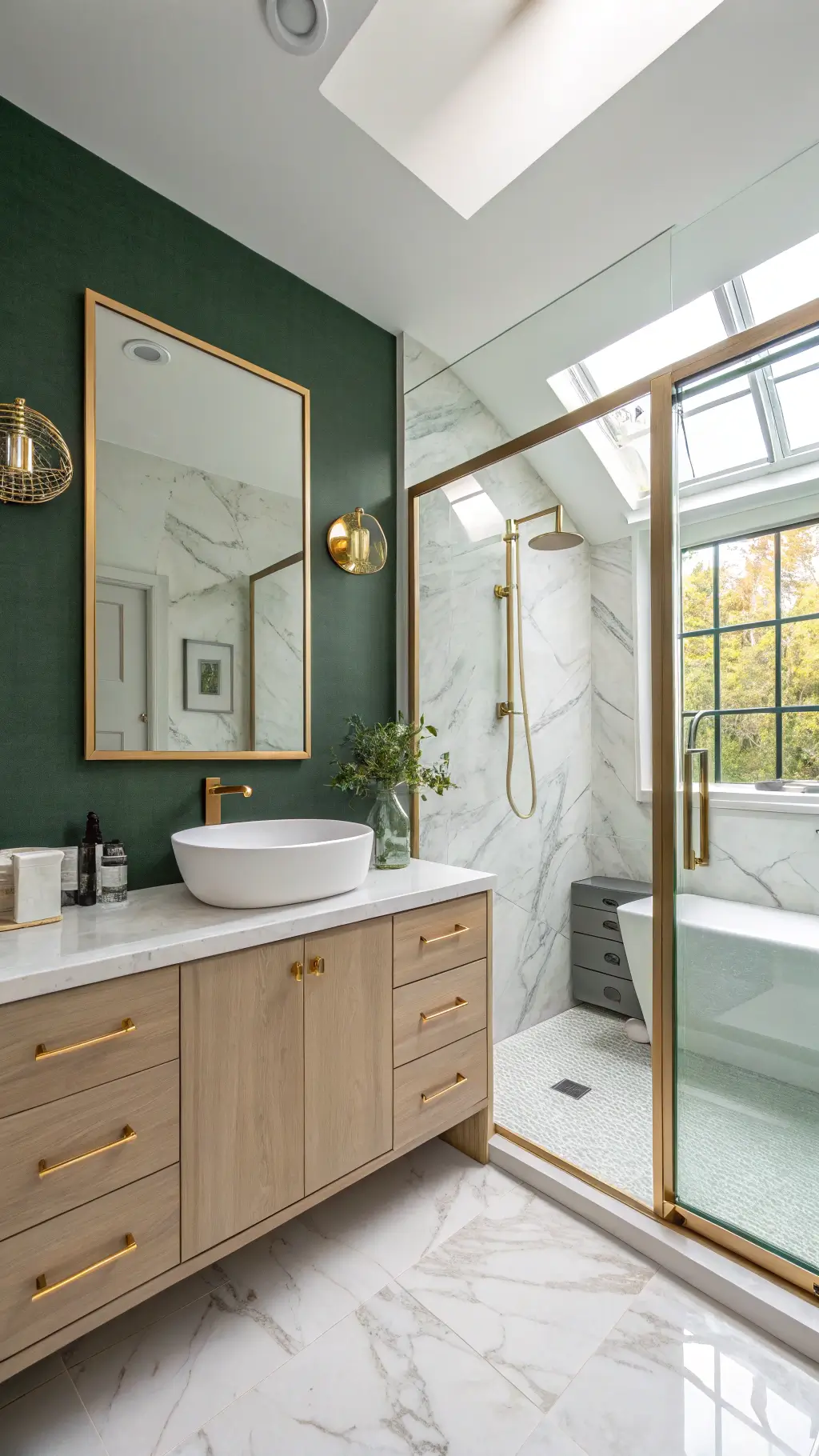 Emerald green and gold bathroom with elegant fixtures
