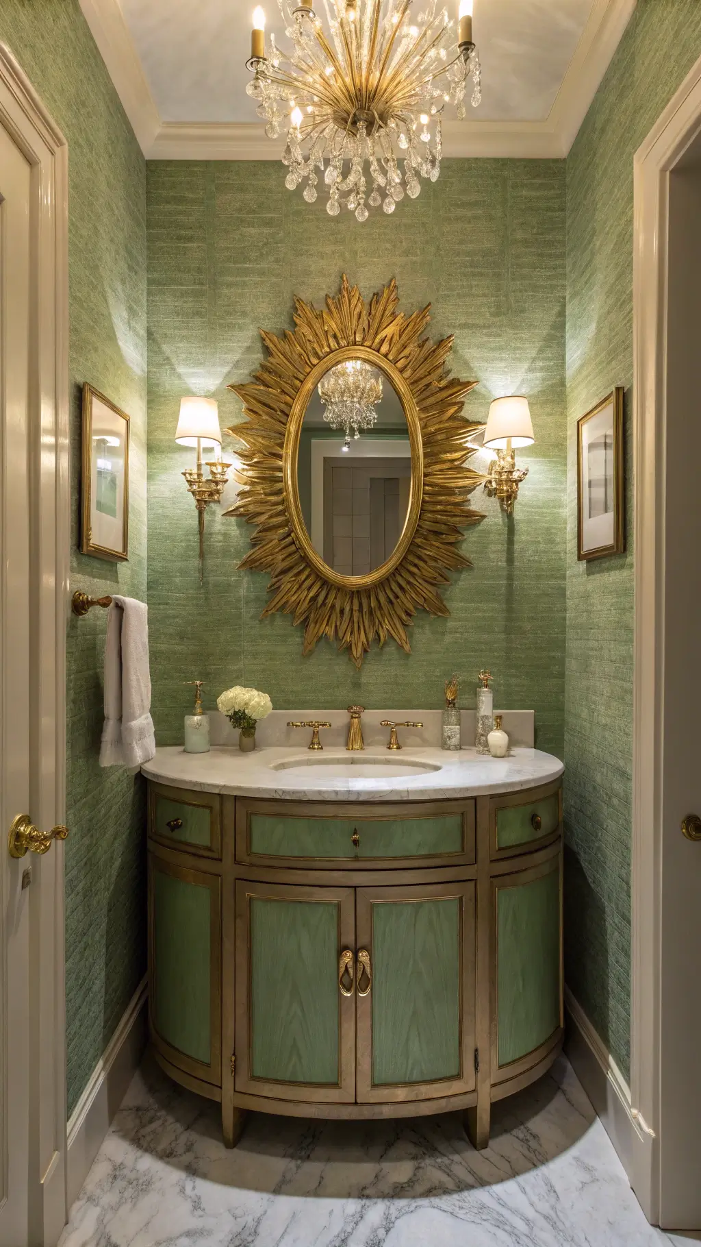 Bathroom featuring various shades of green