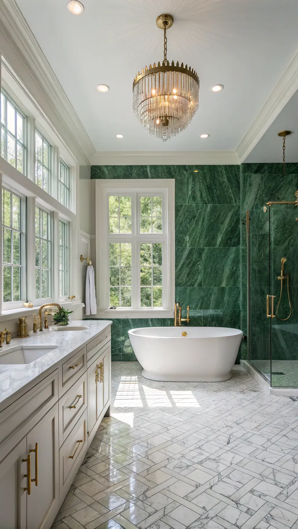 Gold fixtures in emerald green bathroom