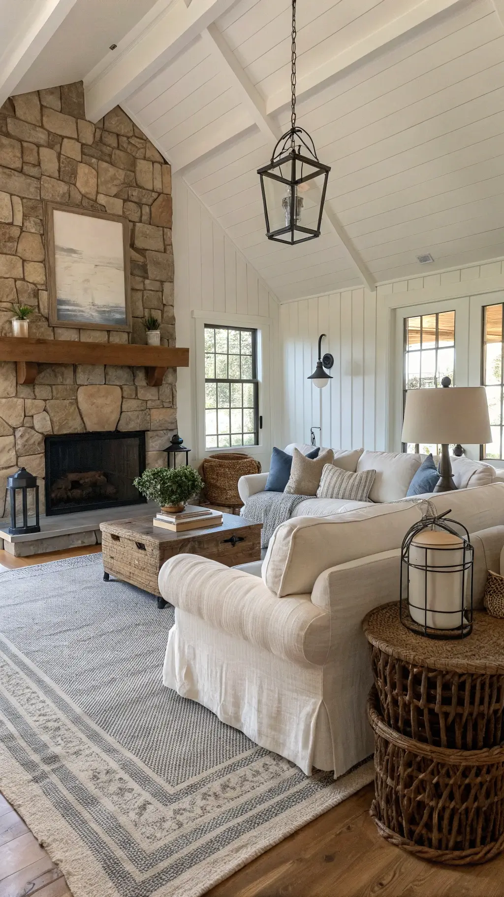 Farmhouse living room with oversized linen sofa, distressed leather armchair, raw wood side table, stone fireplace, vintage wool rugs, woven baskets, knit throws, black metal lanterns, pottery lamps, and cotton stems in a weathered ceramic vase.