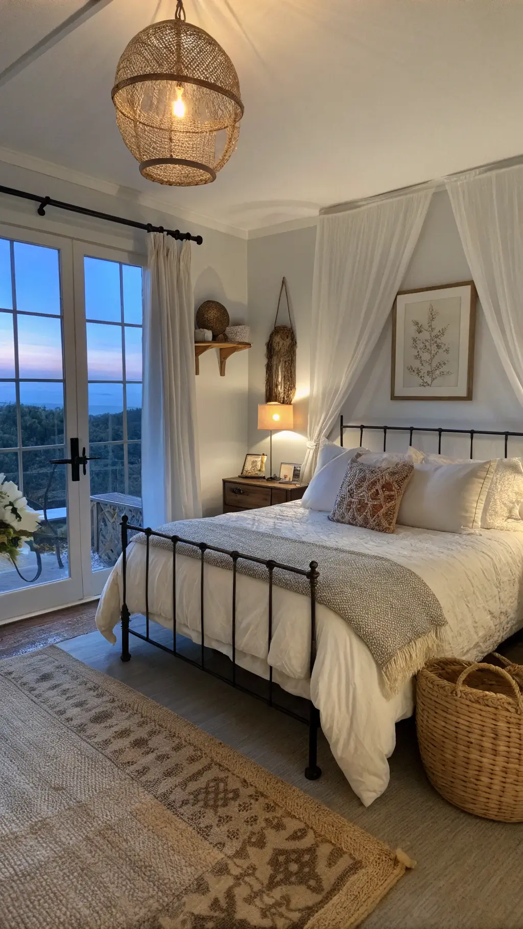 Dusky blue bedroom with king-size iron bed, white linen quilt, wooden nightstands, ceramic lamps, vintage books, braided jute rug, woven baskets as wall art, bamboo bench, and grain sack cushion.