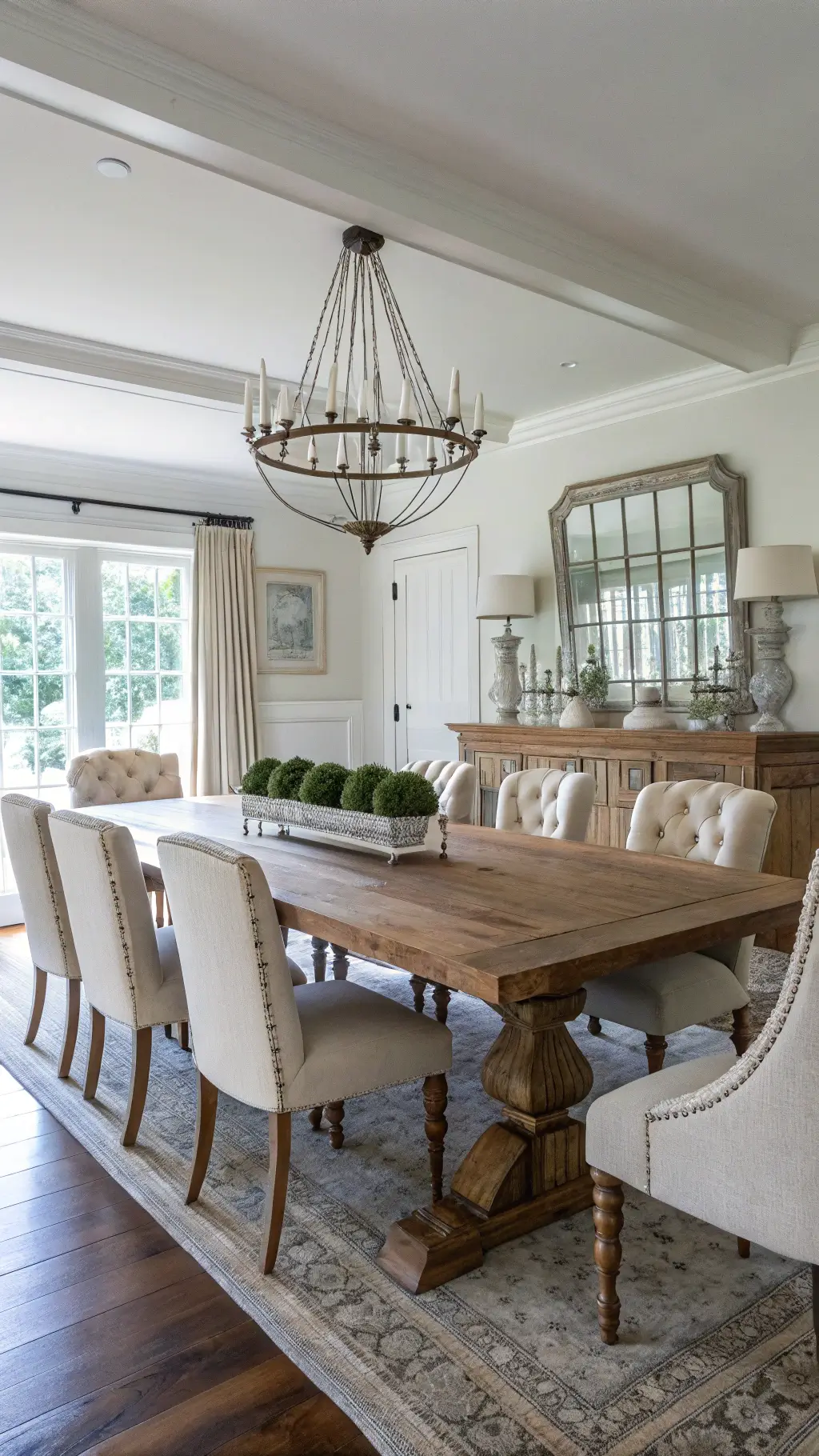 Dining room with long oak table, white ceiling, mix of Windsor and natural linen upholstered chairs, vintage silver candlesticks, pottery, antique mirror, iron chandelier.