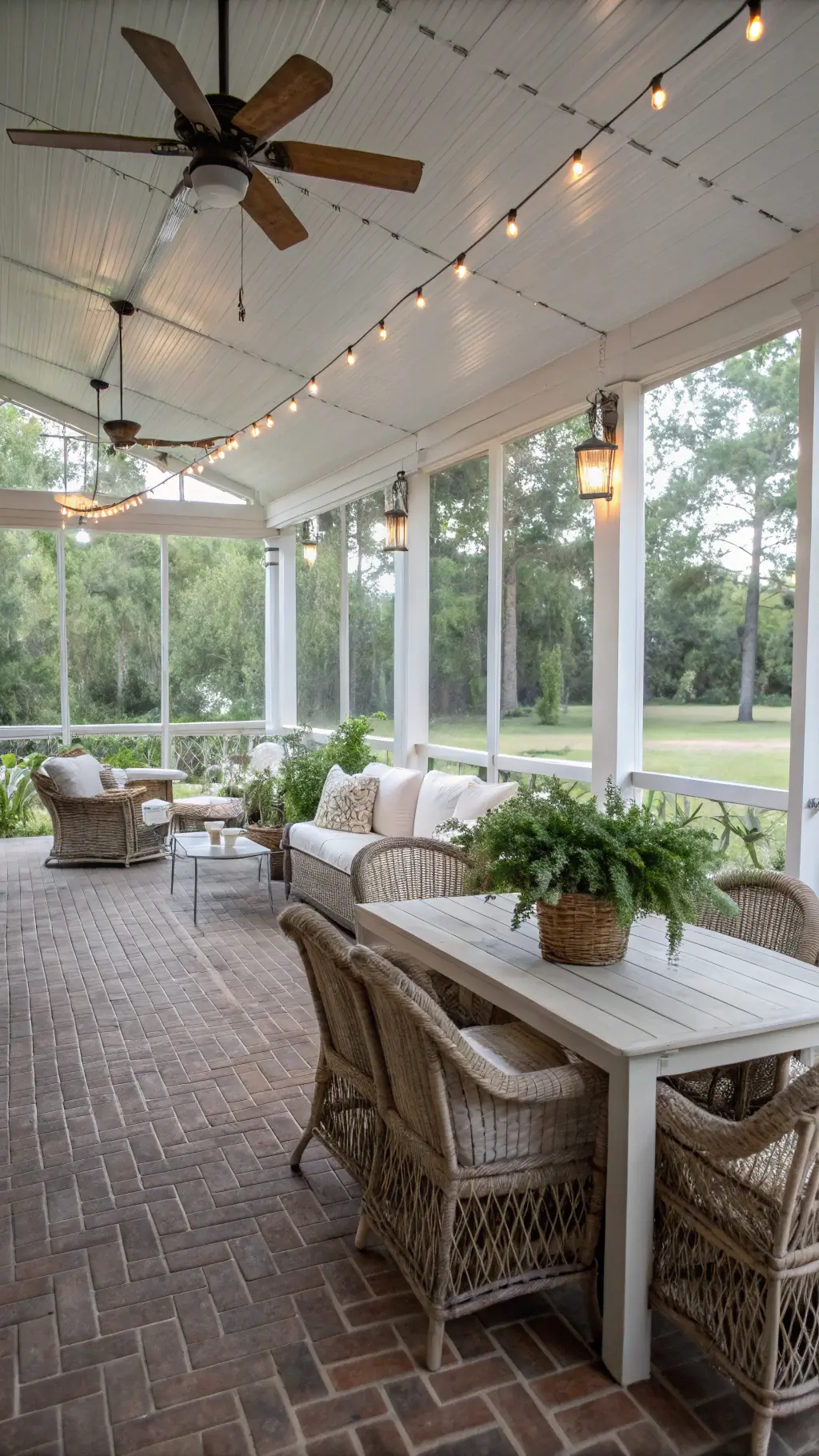 Screened porch with whitewashed brick floor, wicker seating, vintage farm table, galvanized planters with ferns and herbs, string lights, and ceiling fan during midday.