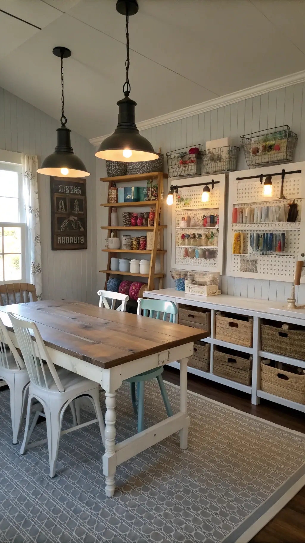 Craft room bathed in morning sunlight with vintage farm table, white spindle chairs, industrial pendant lights, pegboard wall for tools, open shelving with yarn and fabric collections, crates, mason jars.
