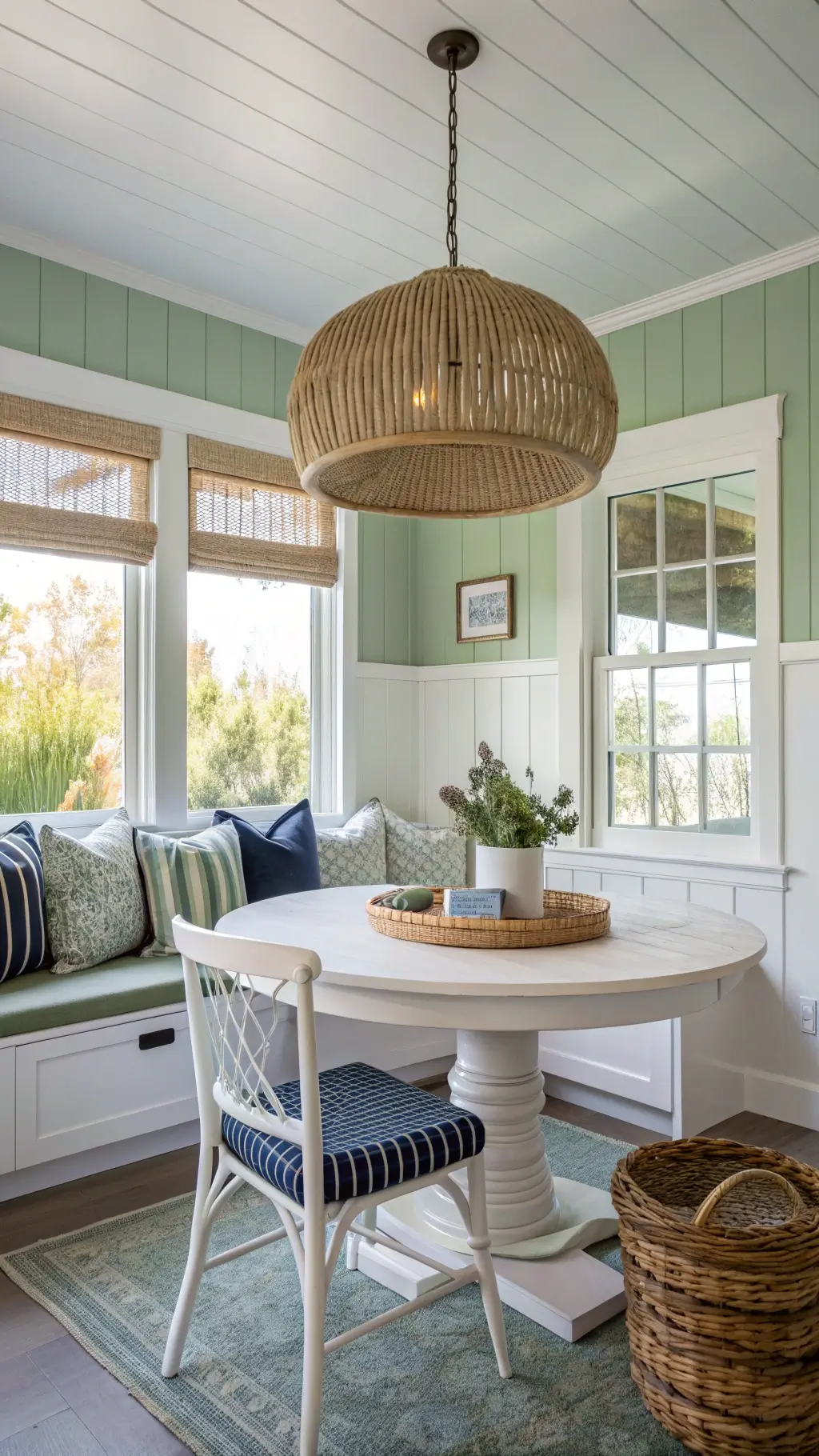 Coastal farmhouse kitchen nook with sage green walls, distressed oak table, Windsor chairs, rattan pendant light, and seagrass baskets