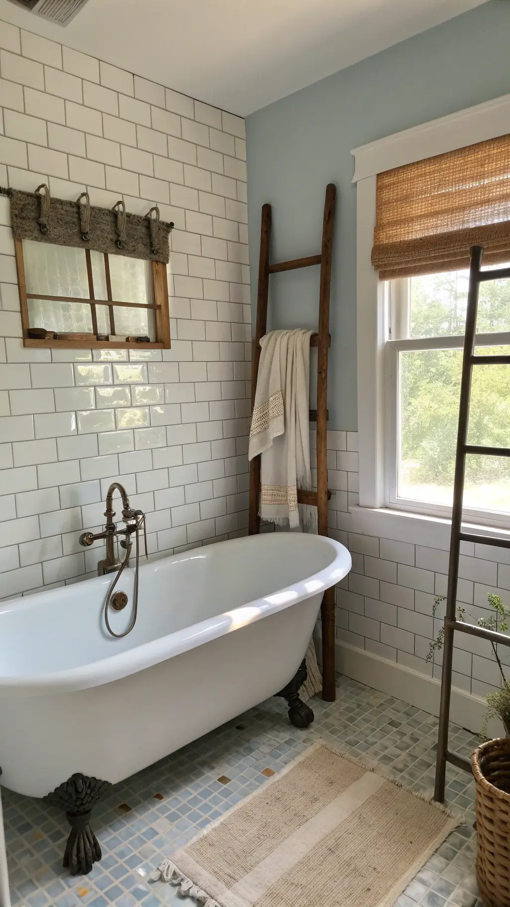 Farmhouse bathroom with vintage clawfoot tub, white subway tiles, pale blue walls, bronze fixtures, and weathered wood ladder