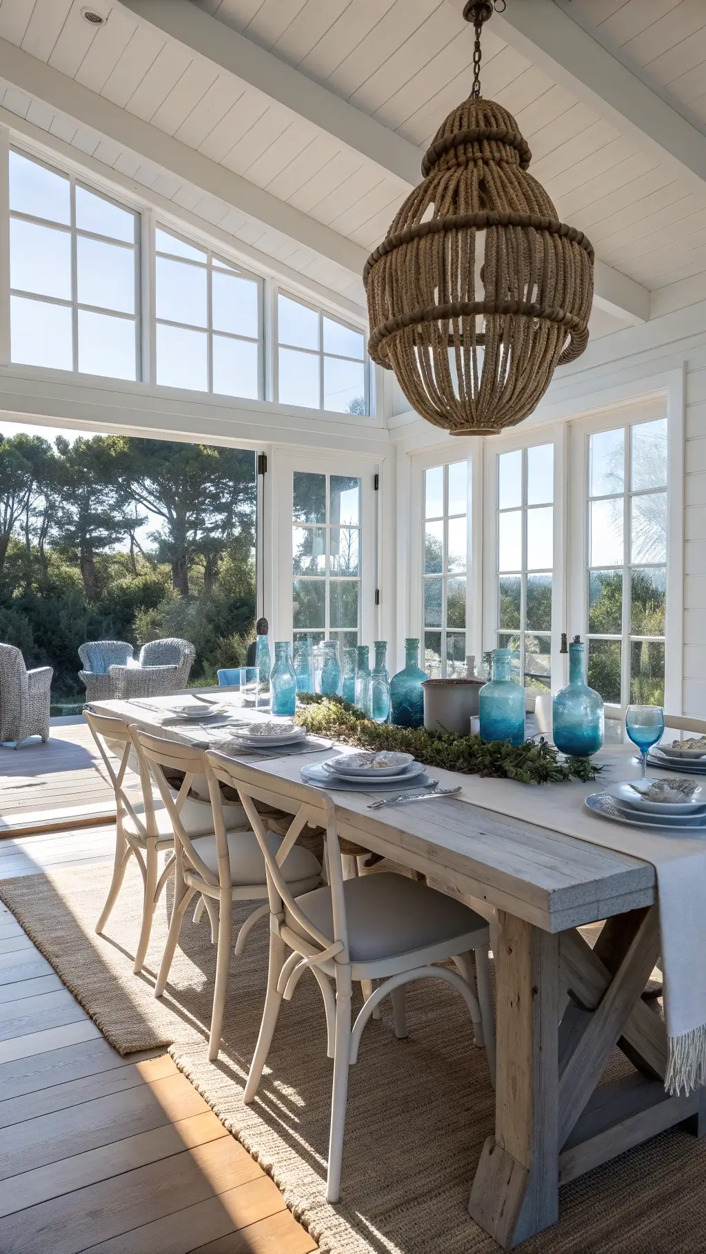 Bright dining room with whitewashed trestle table, linen runners, blue glass vessels, mixed seating, and rope chandelier