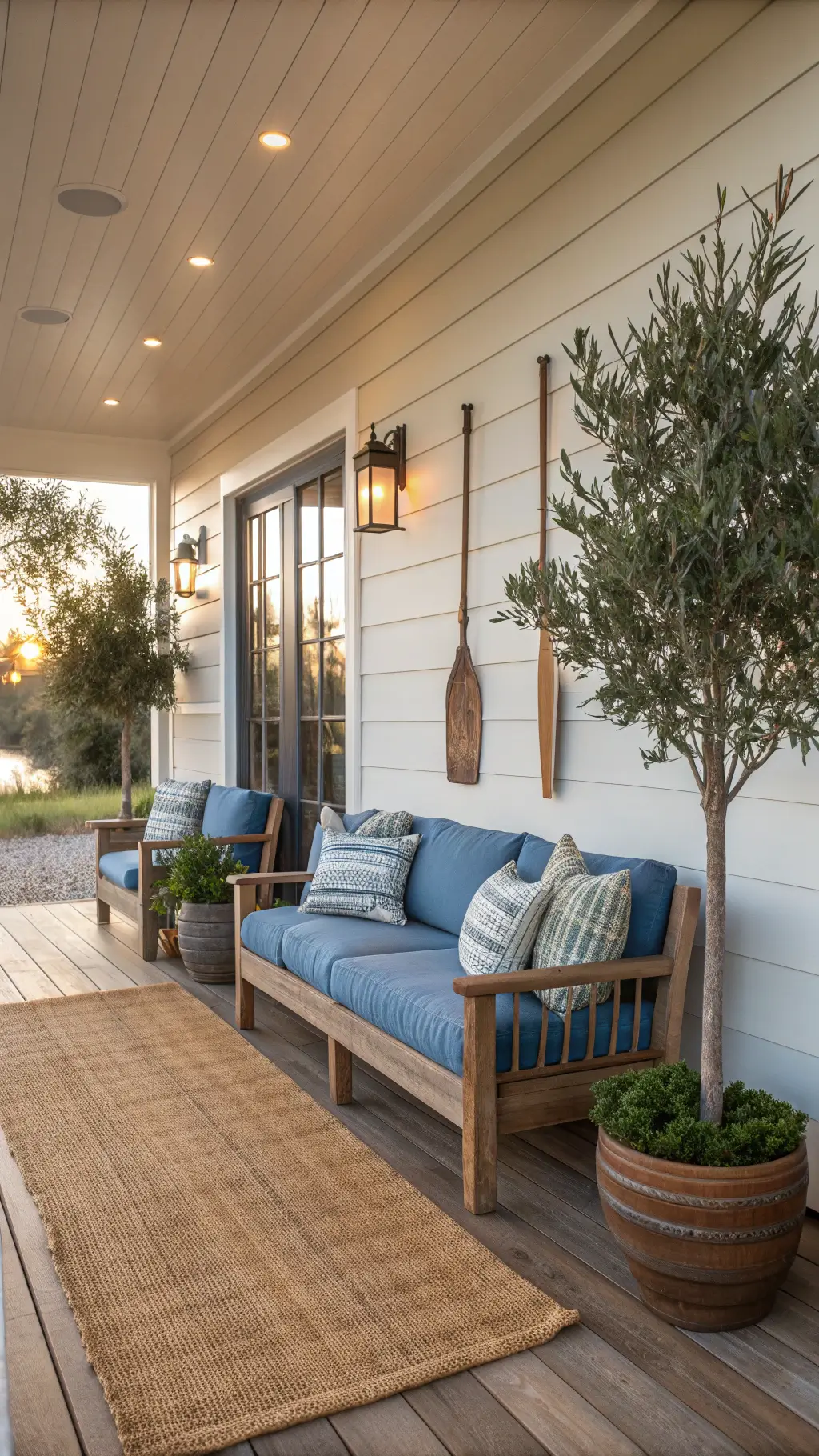 Covered back porch with weathered teak furniture, coastal blue cushions, vintage oars, potted olive trees, and natural fiber rug