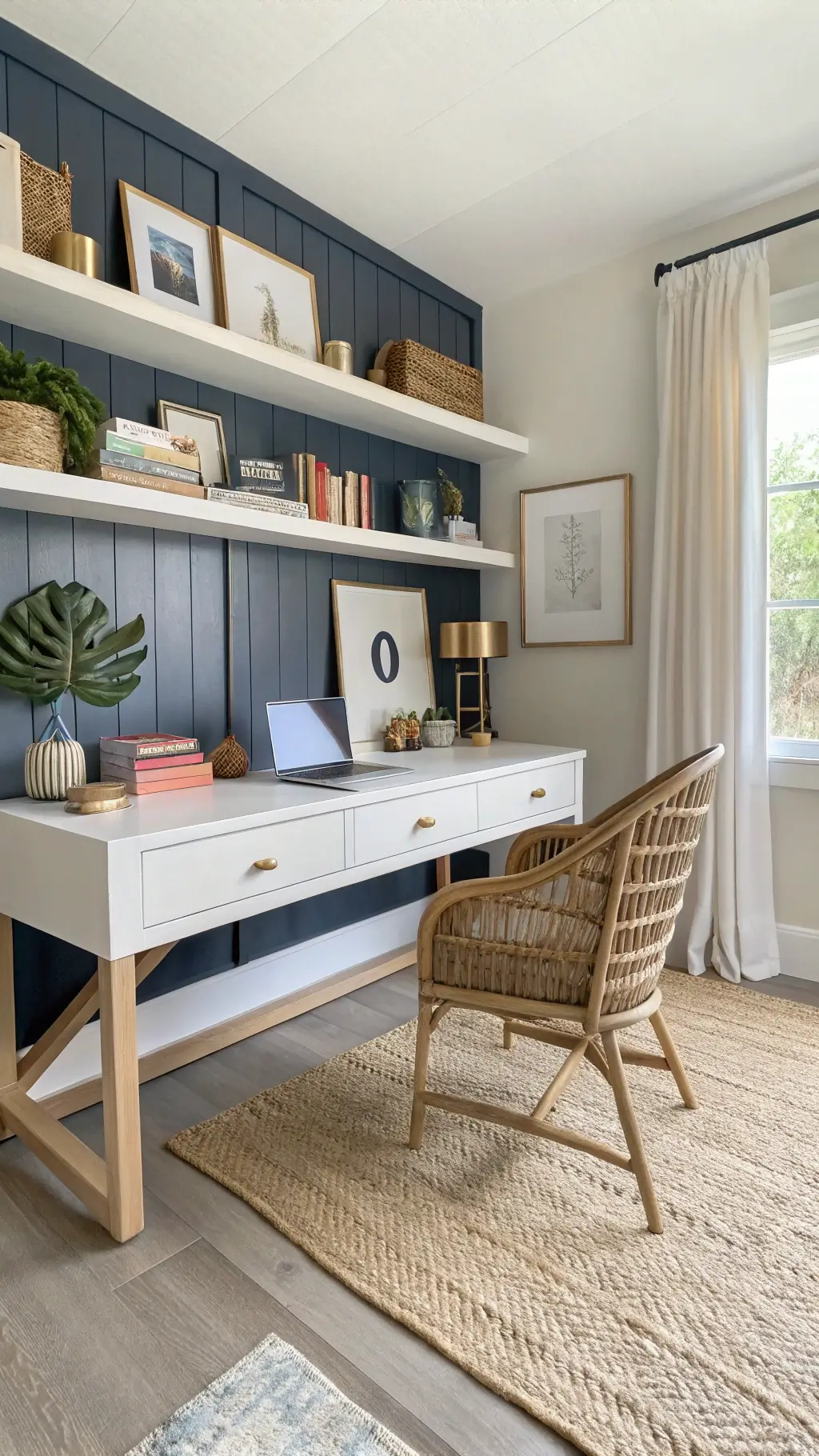 Bright home office with white oak desk, rattan chair, coral and vintage brass decor, navy grasscloth accent wall, and textured jute rug