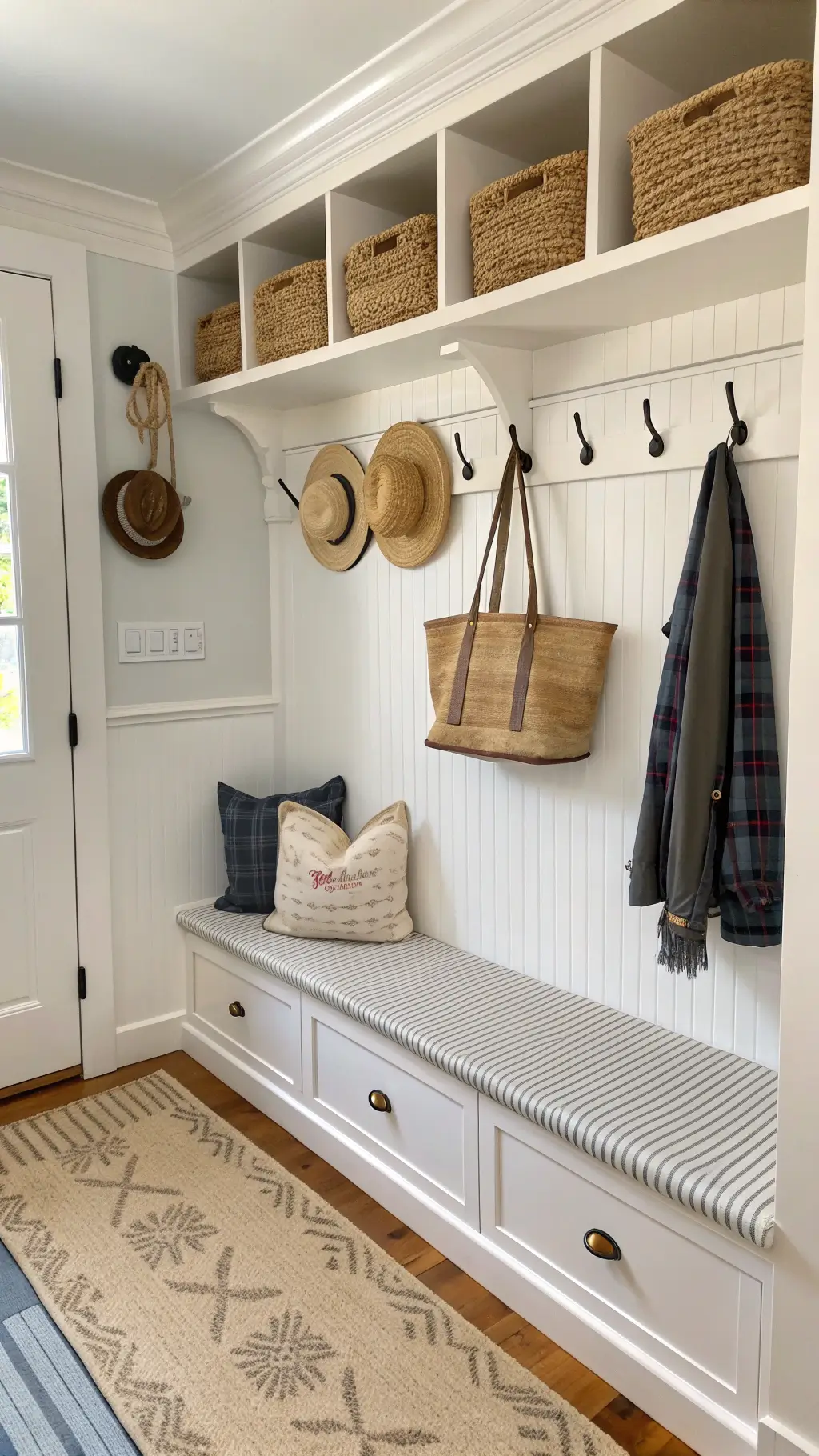 White built-in storage with beadboard backing, brass hooks holding straw hats