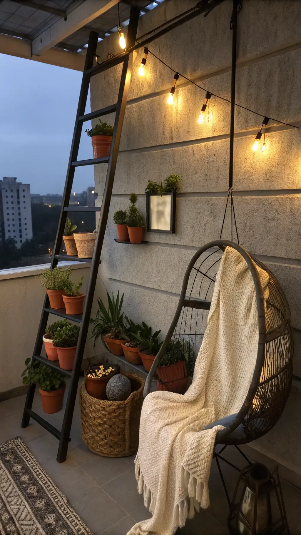 Cozy balcony at dusk with black steel ladder shelf holding terracotta succulents and LED lanterns, compact rattan egg chair with ivory throw, Edison bulb string lights, and dark grey walls