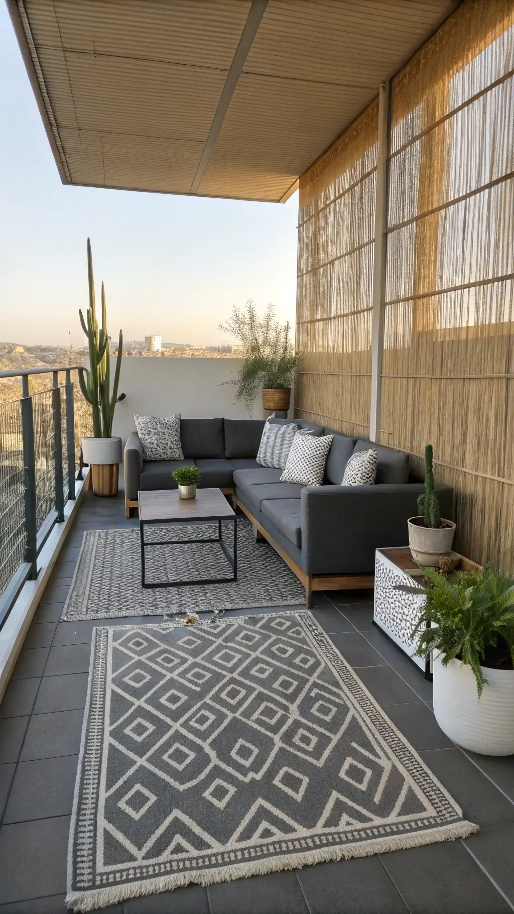 Modern balcony with bamboo privacy screens, modular loveseat with built-in side tables, geometric planters with desert plants, and minimalist grey and white outdoor rug