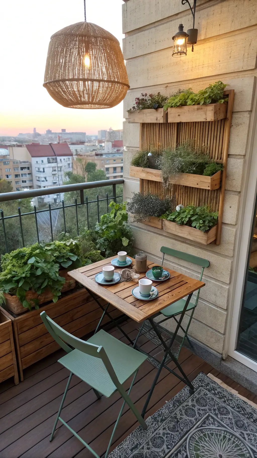 Morning balcony scene with wall-mounted teak table, green bistro chairs, fresh pastries, coffee, vertical herb garden with basil, thyme, mint, and shadows from woven pendant light