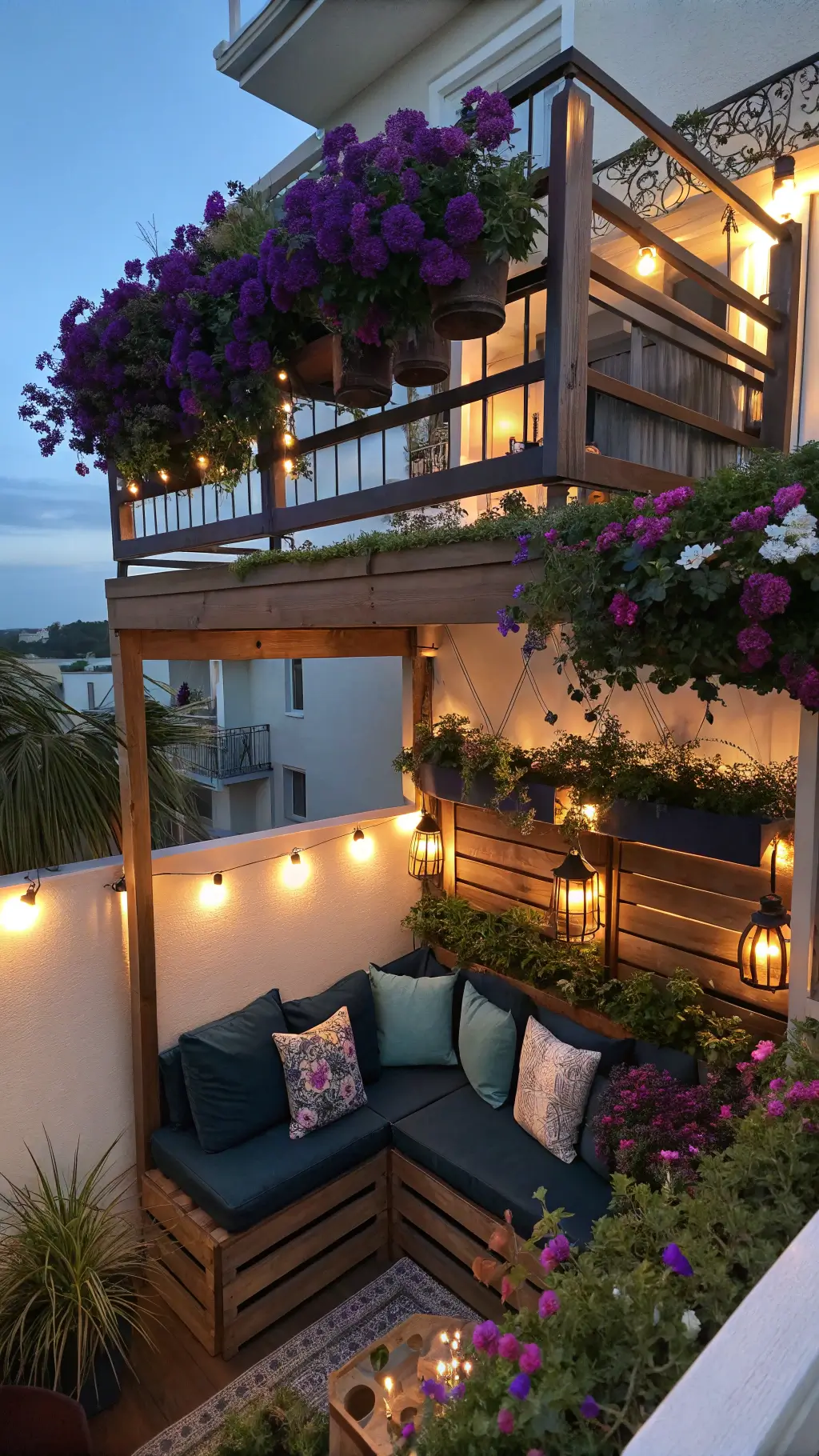 Twilight urban balcony with purple petunias, white alyssum in multi-level planters, navy sectional with coral and aqua pillows, solar lights highlighting potted palms, vintage lanterns on teak shelves