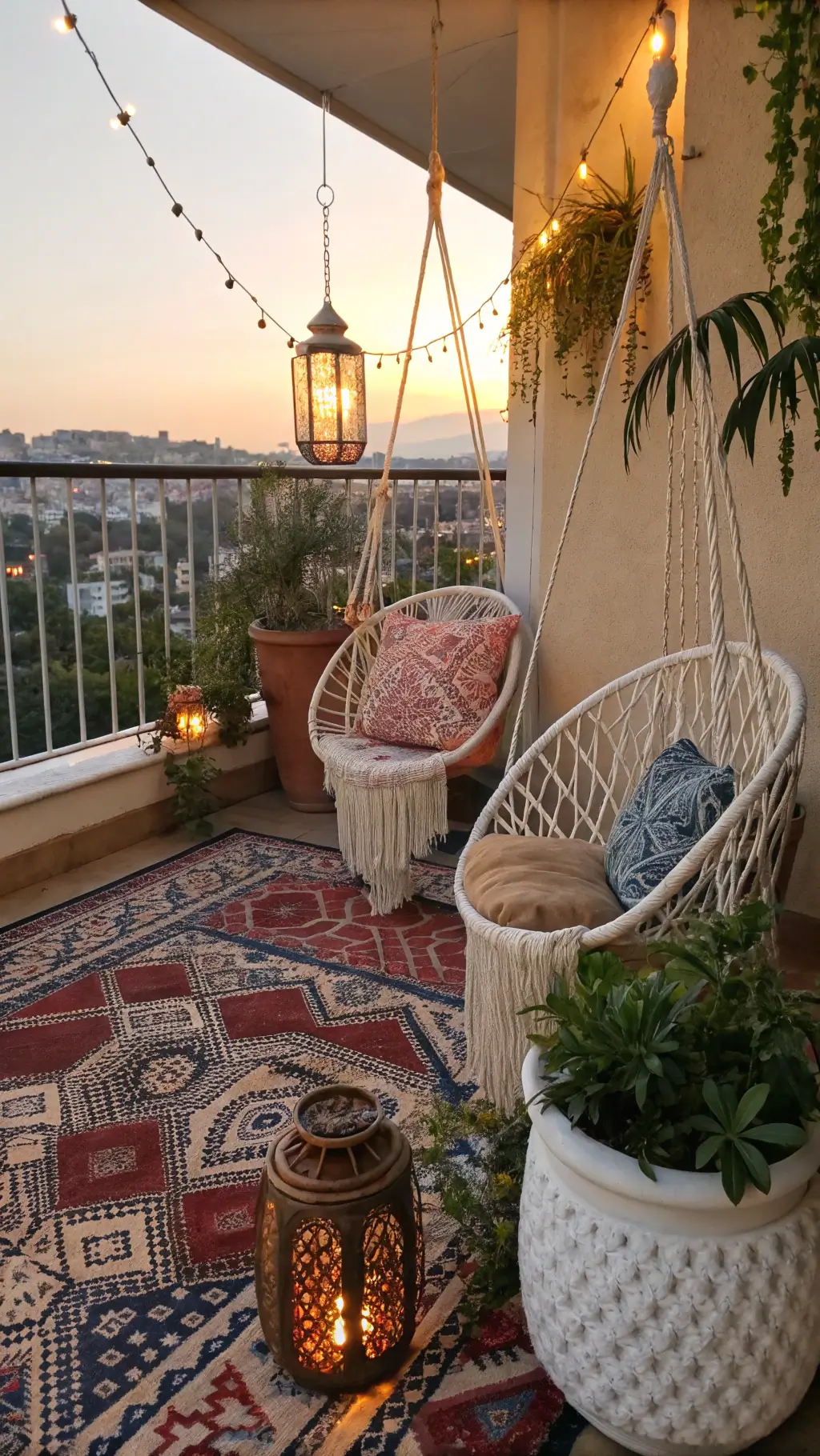 Bohemian balcony at sunset with macramé chairs, vintage garden stool, Turkish rugs, copper lanterns, and hanging string-of-pearls plants