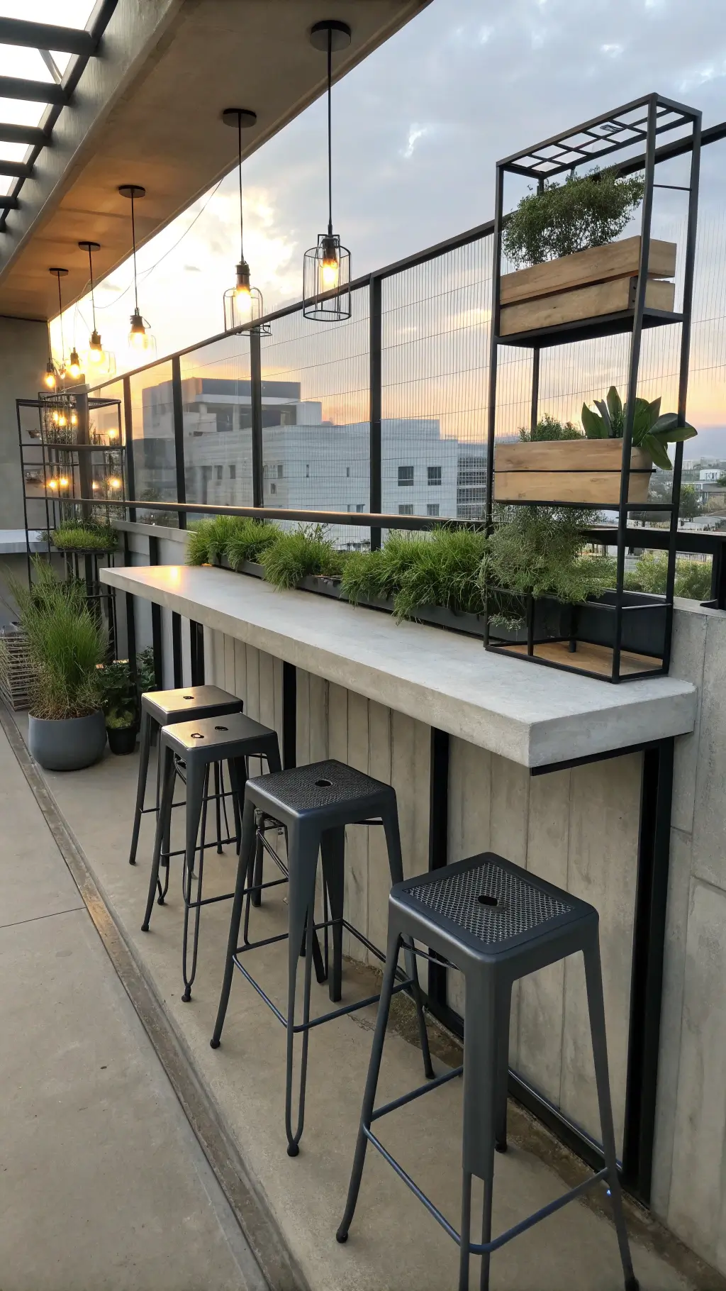 Contemporary balcony workspace with concrete table, matte black stools, mounted planter boxes, floating shelves with air plants, geometric sculptures, and industrial-style sconce lighting