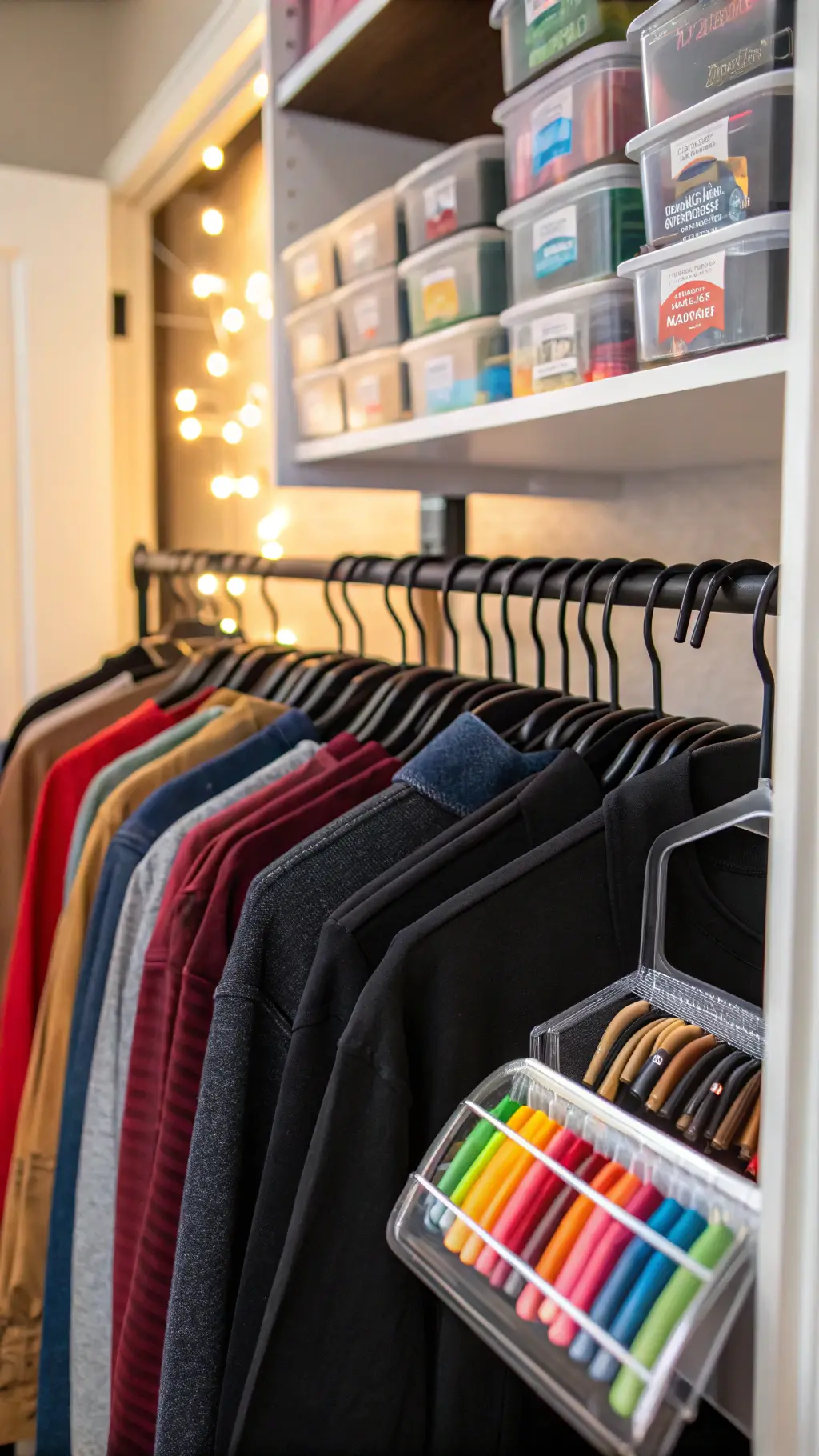 Organized dorm closet with color-coded wardrobe on slim velvet hangers and over-door organizer for school supplies.