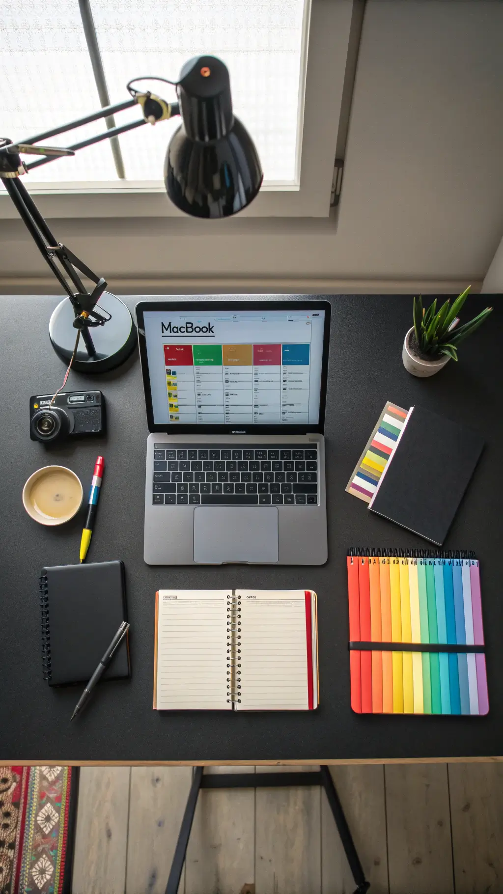 Minimalist desk setup with MacBook showing color-coded class schedule, surrounded by matching notebooks and planning tools.