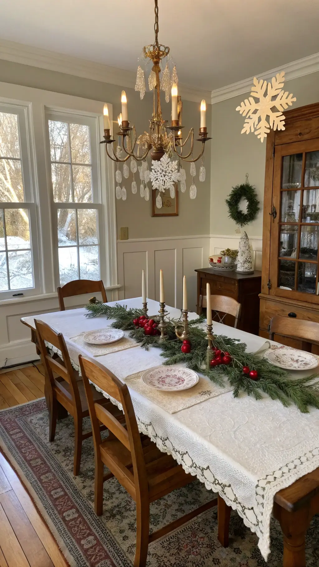 Victorian-style dining room set with farmhouse table and evergreen centerpiece