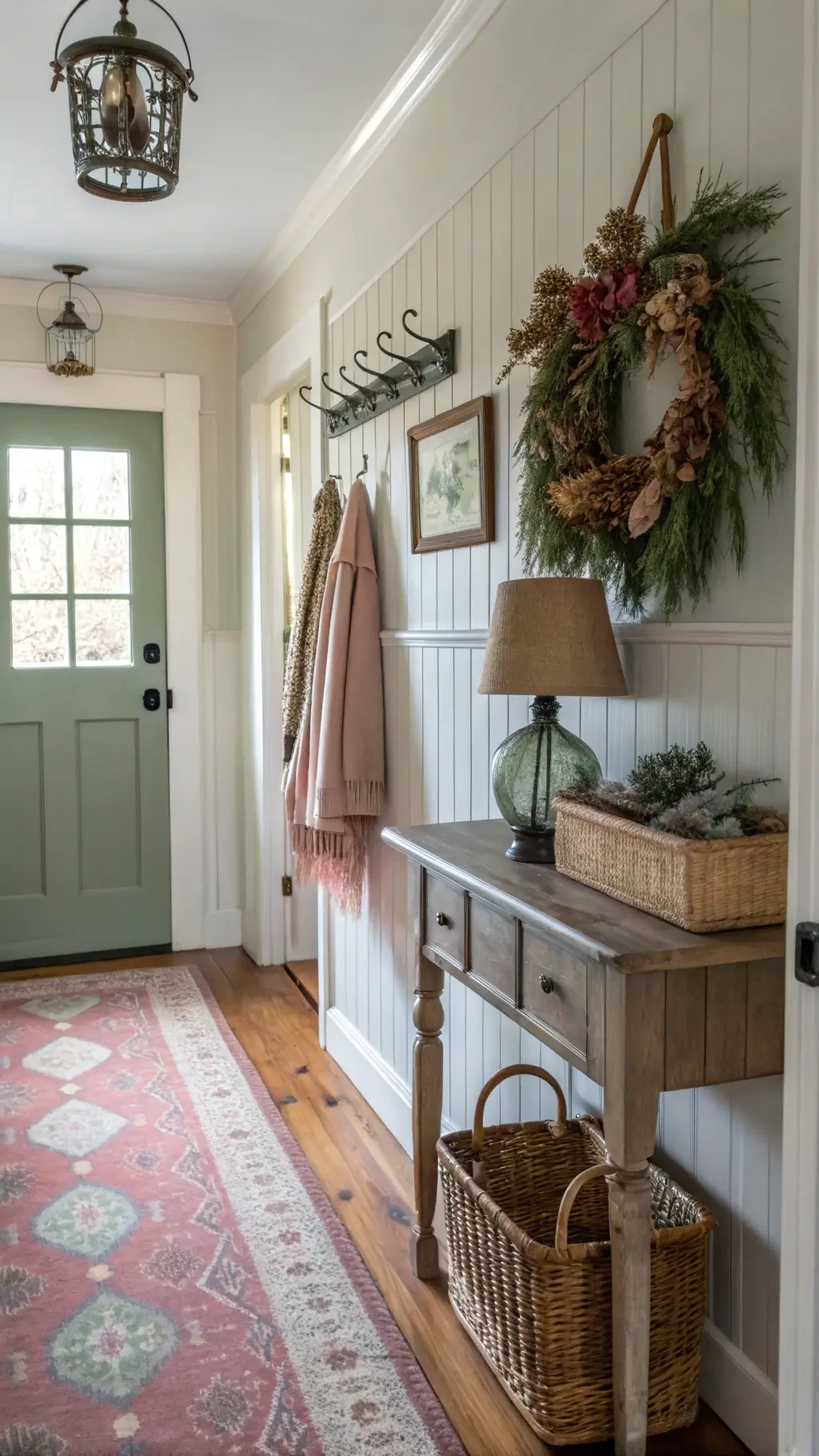Vintage hallway with handmade wreath and cozy winter decor