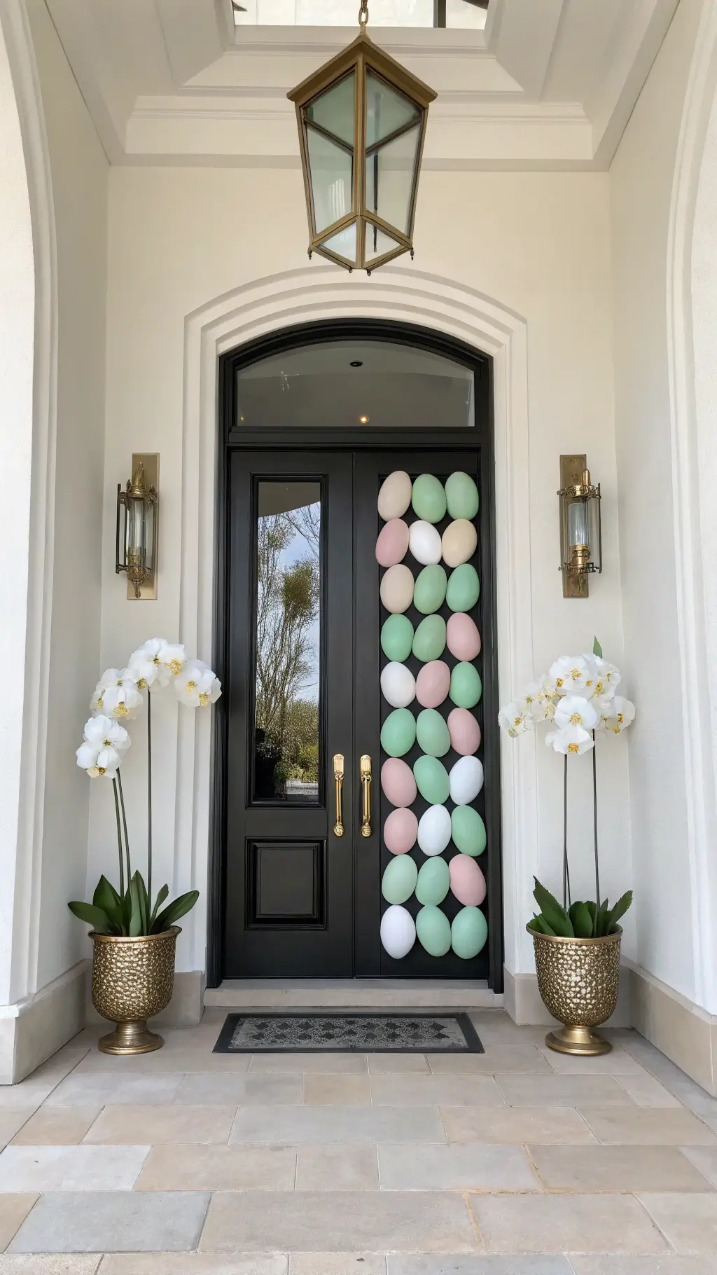 Modern black door with geometric pastel Easter egg display and brass planters