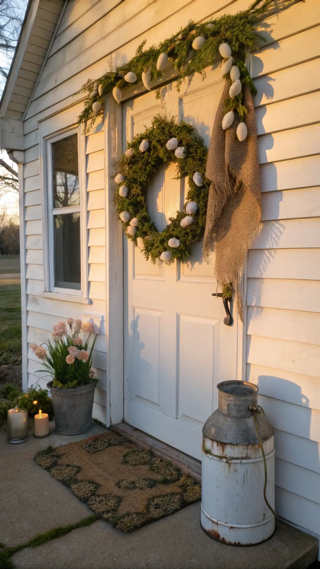 Farmhouse porch with burlap wreath and tulip-filled vintage milk can