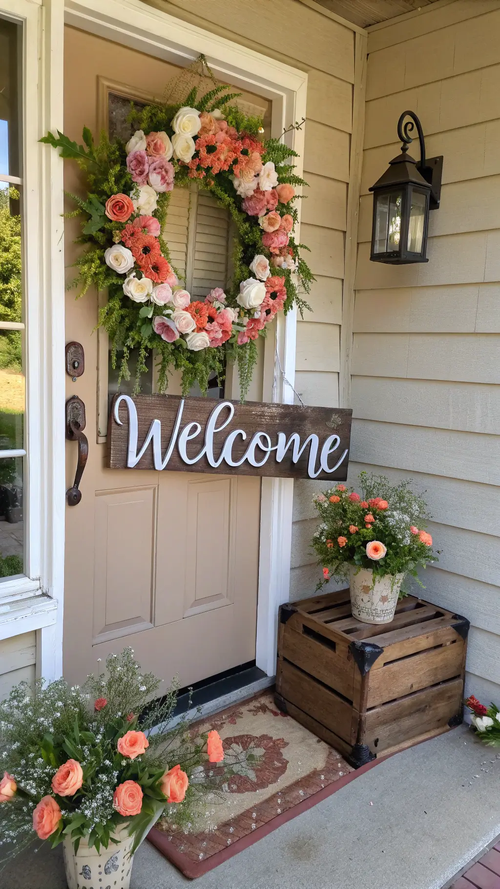 Cottage door with coral and cream floral wreath and hand-painted welcome sign
