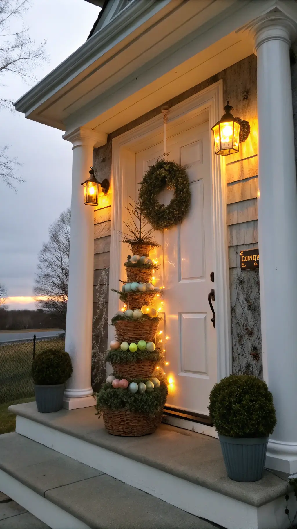 Colonial door with illuminated Easter tree and hand-painted eggs at dusk